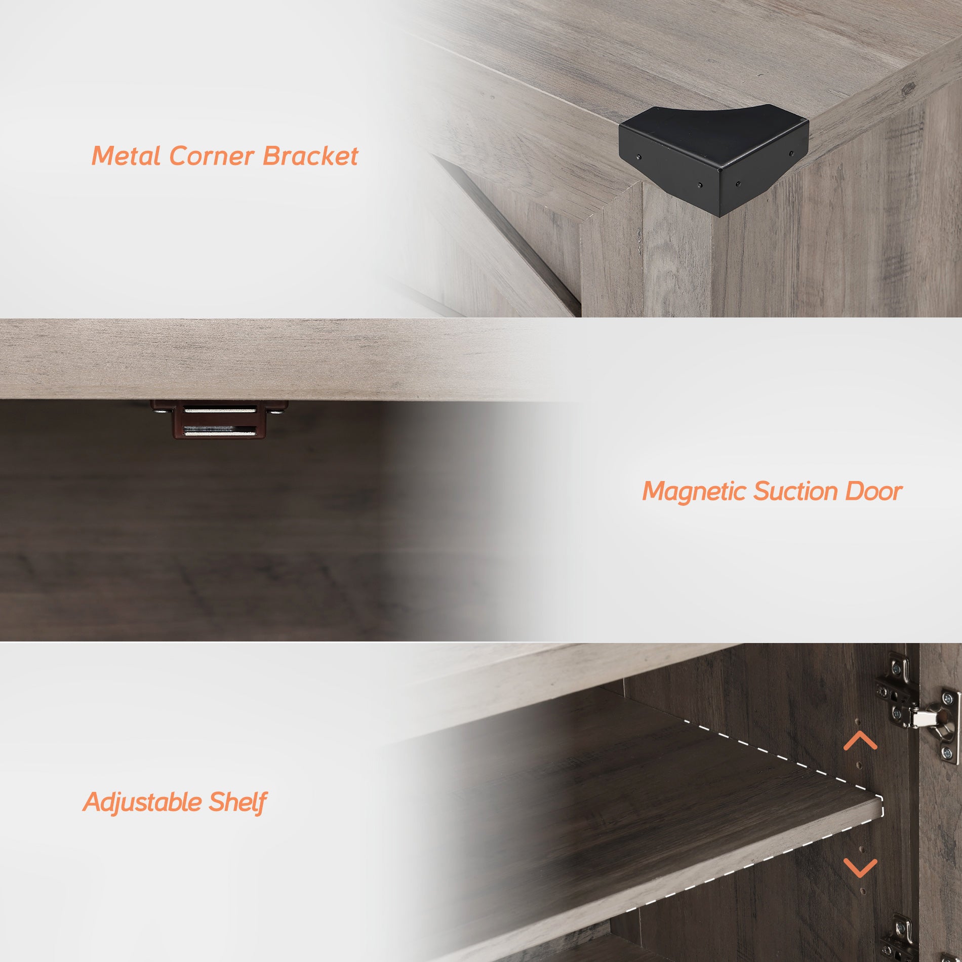 WAMPAT 16" Modern Farmhouse Buffet Cabinet, Wood Sideboard with Cabinet & Open Storage, Yellow LED Light, Wash Grey