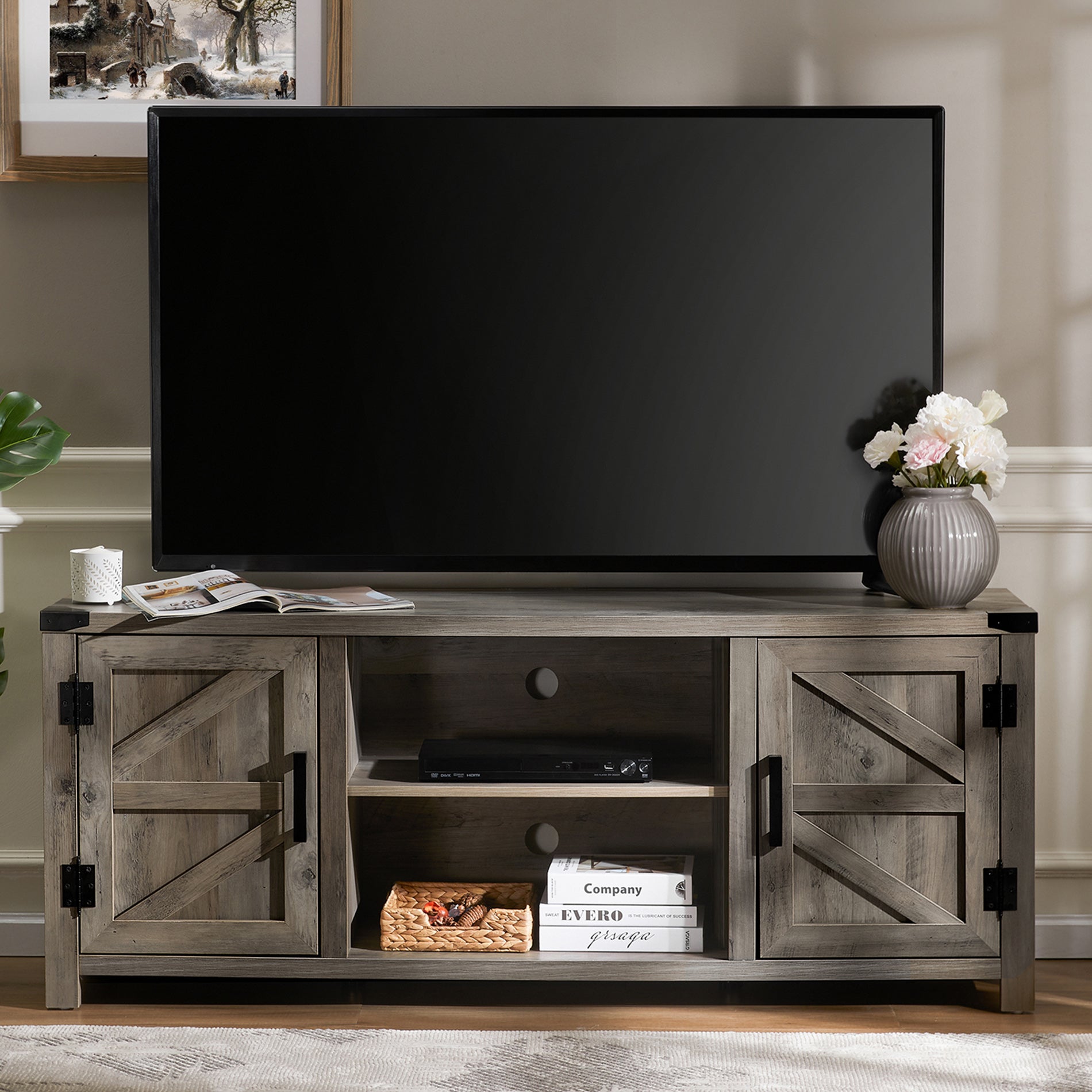 WAMPAT 60" Farmhouse Wood TV Stand for 32-65 Inch TV, Barn Door Entertainment Center for Living Room, Grey