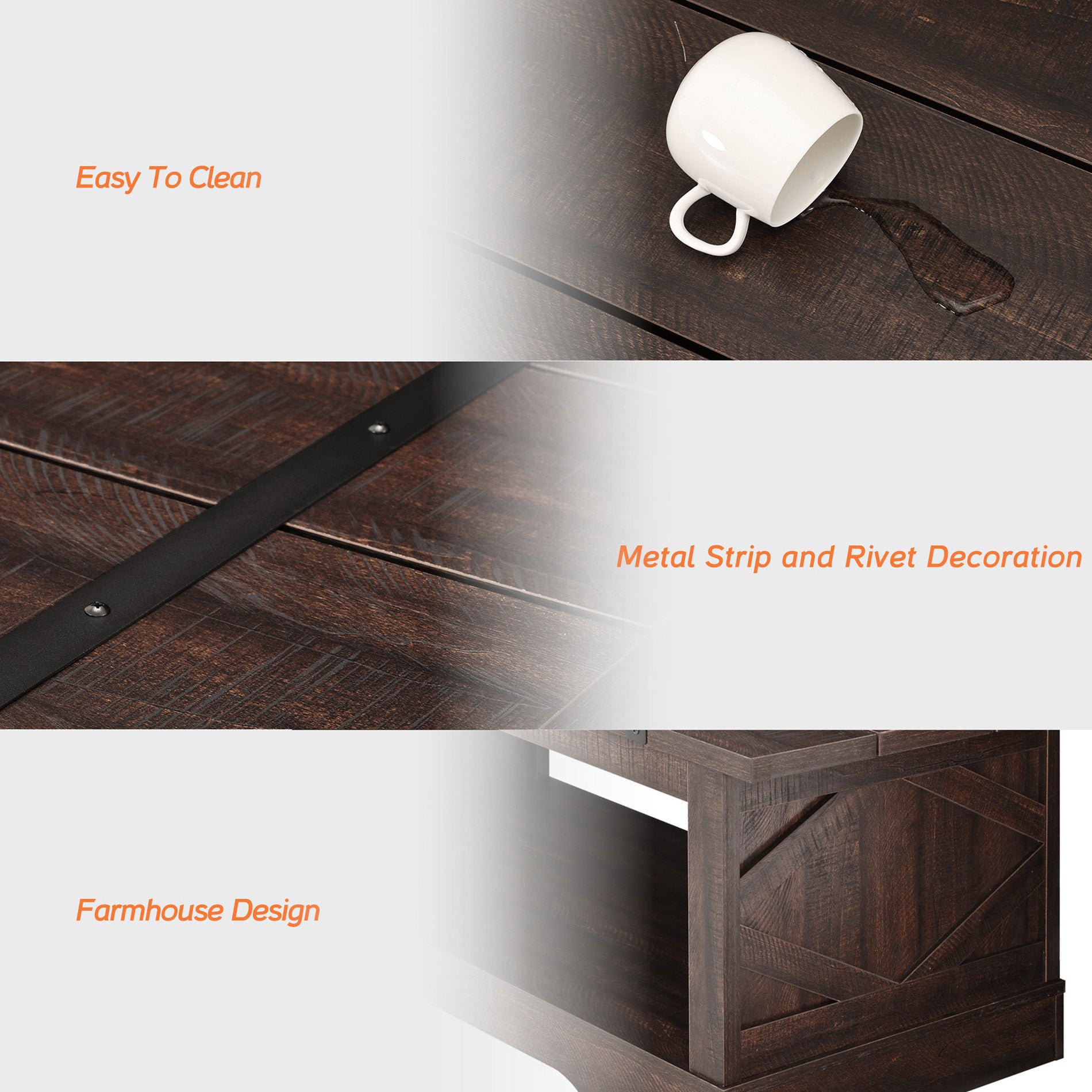 WAMPAT 42" Modern Farmhouse Coffee Table with Open Storage for Living Room, Rustic Brown