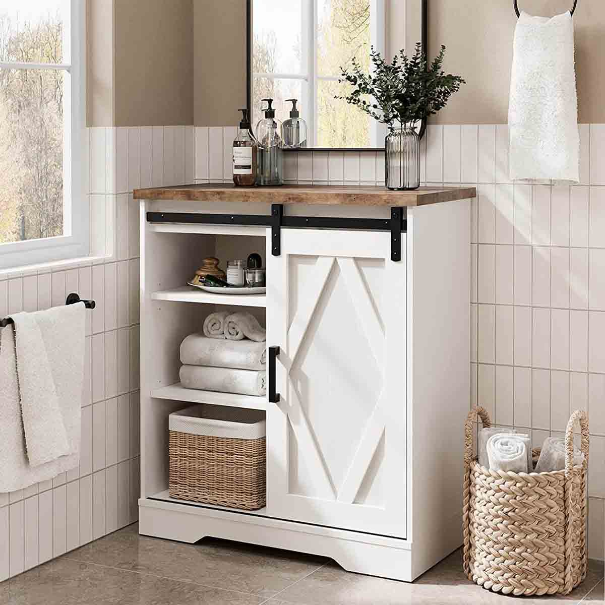 WAMPAT 35" Rustic Farmhouse Accent Buffet Sideboard Coffee Bar Cabinet with Sliding Barn Door & Yellow LED, White