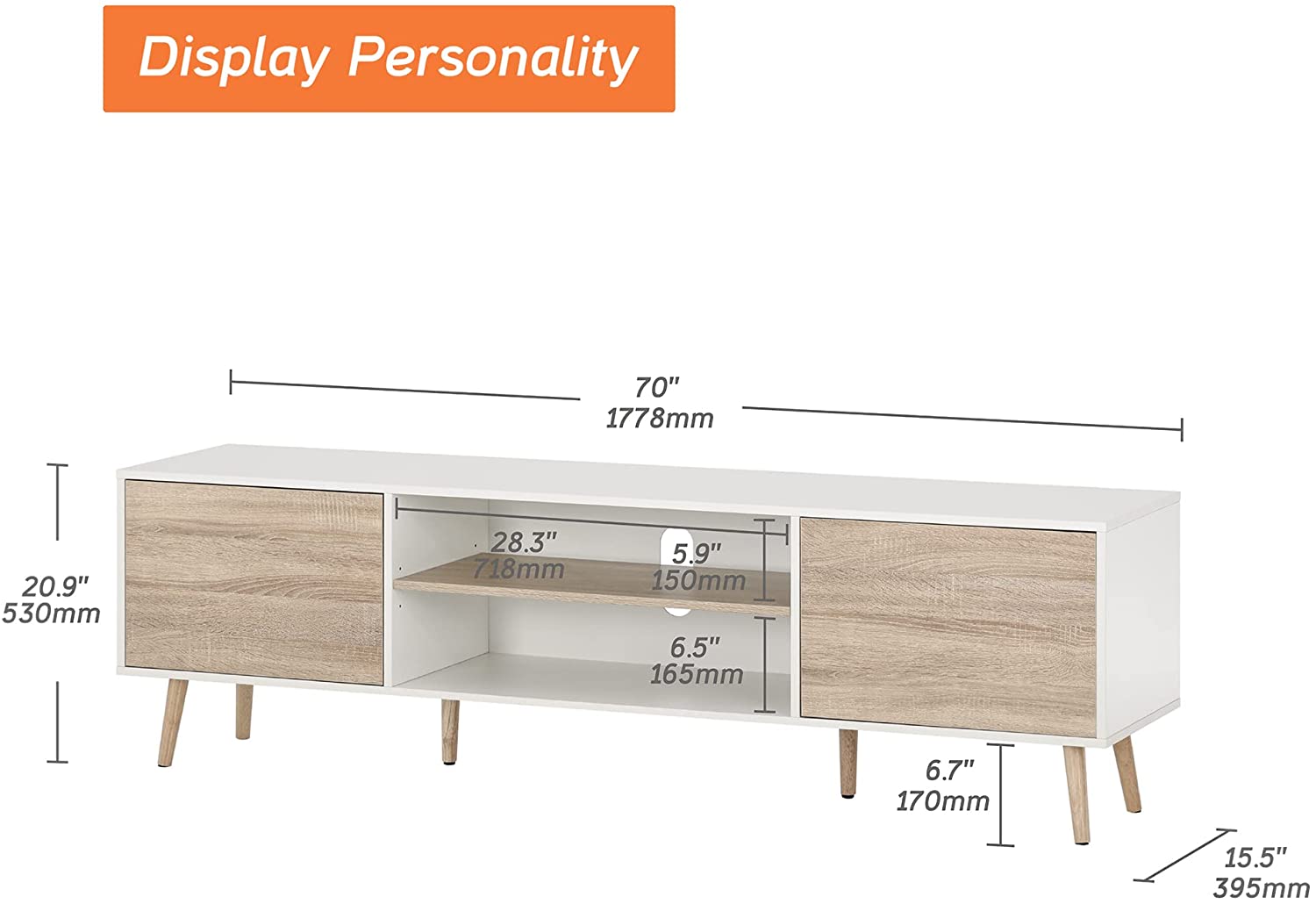WAMPAT 70" Mid-Century Modern TV Stand for 32-75" TV, White & Oak