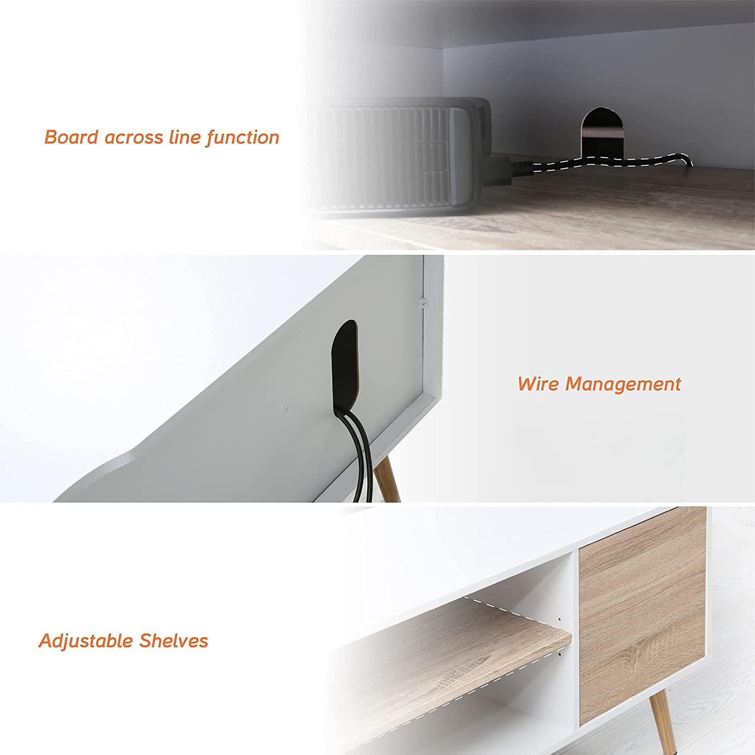 WAMPAT 53" Mid Century Modern Wood TV Stand for 32-60 Inch TV, Home Entertainment Center TV Cabinet Unit with Blue LED, White & Oak