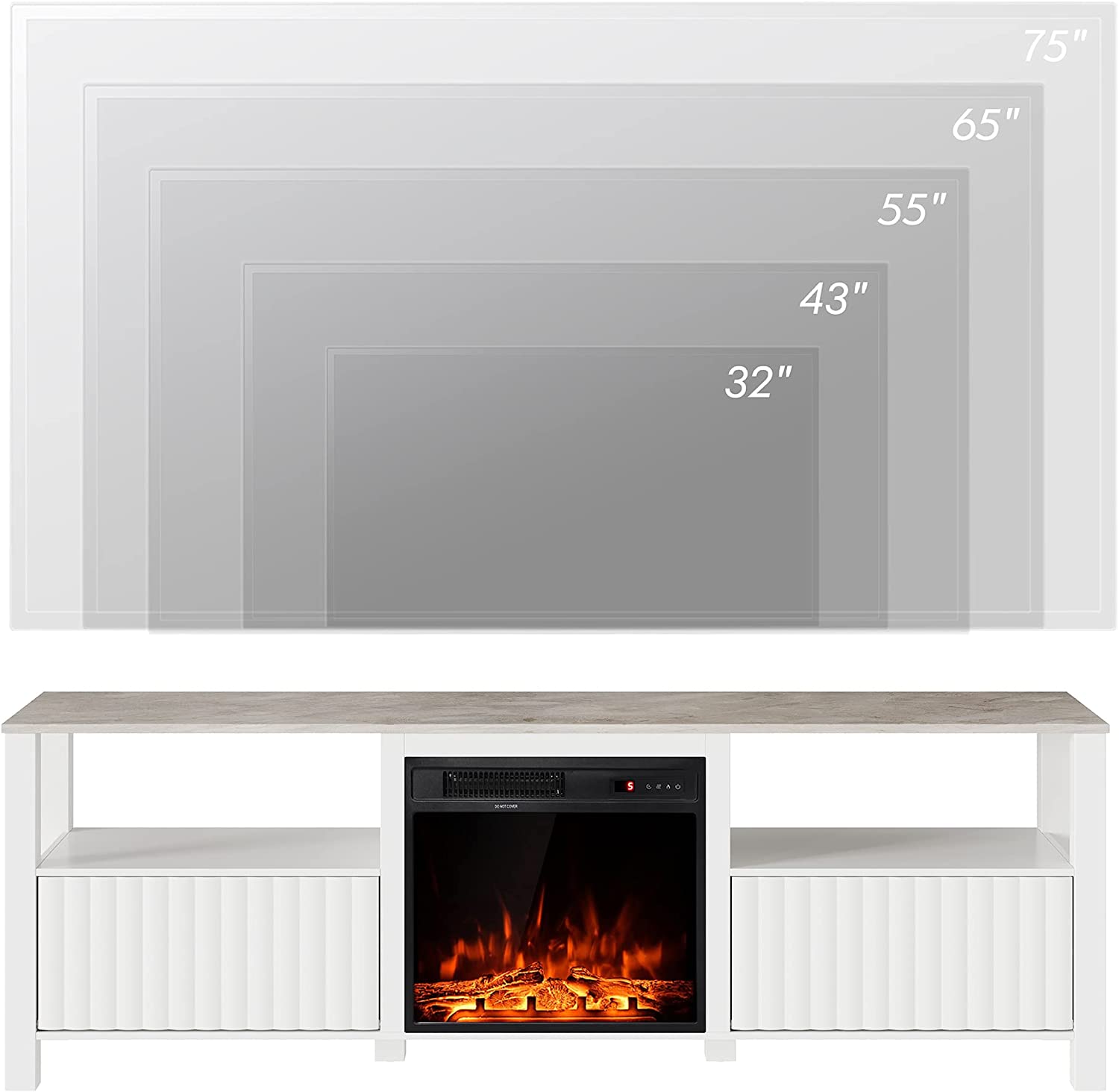 WAMPAT 70" Electric Fireplace TV Stand for 75 Inch TV, LED Farmhouse Wood TV Console Table for 80 70 65 Inch TV for Living Room, White