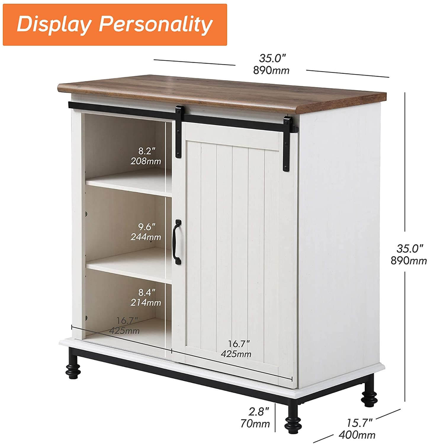 WAMPAT 35" Rustic Farmhouse Sliding Barn Door Accent Cabinet Coffee Bar Buffet Entryway Storage Table, White
