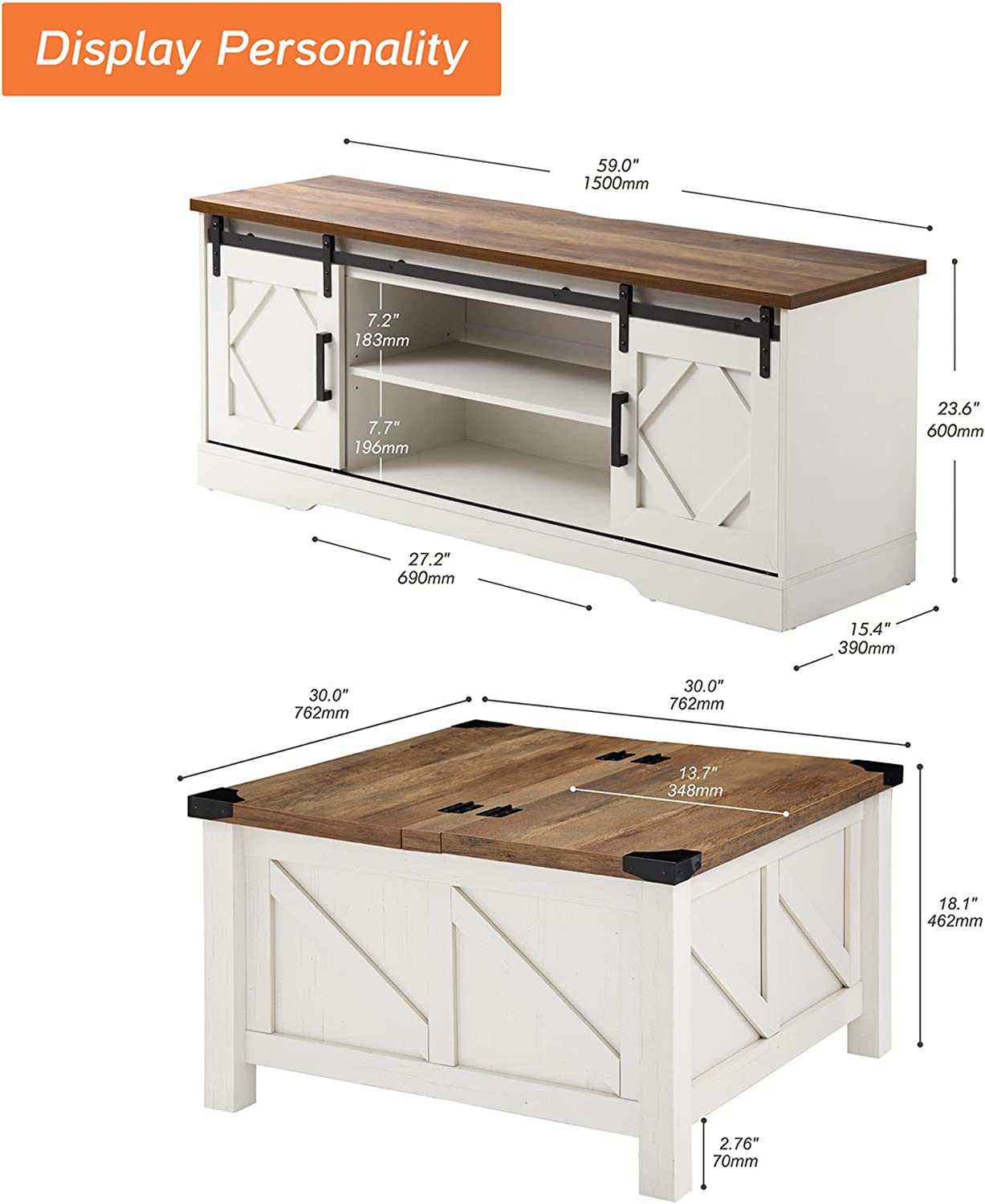 WAMPAT Farmhouse Sliding Barn Door TV Stand for 32-65 Inch TV & Coffee Table Set for Living Room, White