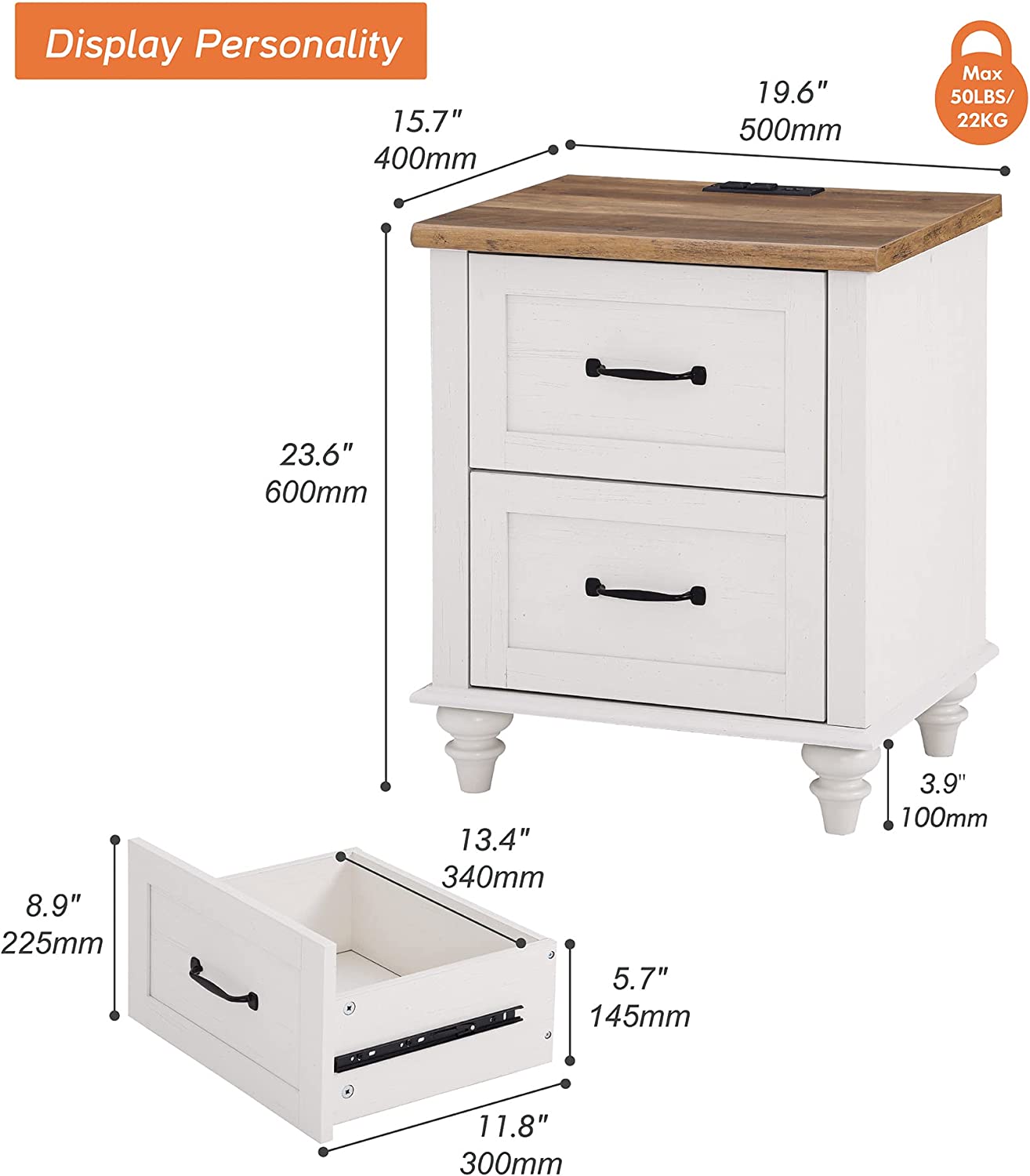 WAMPAT 19.6" White End Table with Charging Station, Farmhouse Nightstand with Storage, 2 Power outlets & 2 USB Ports for Living Room