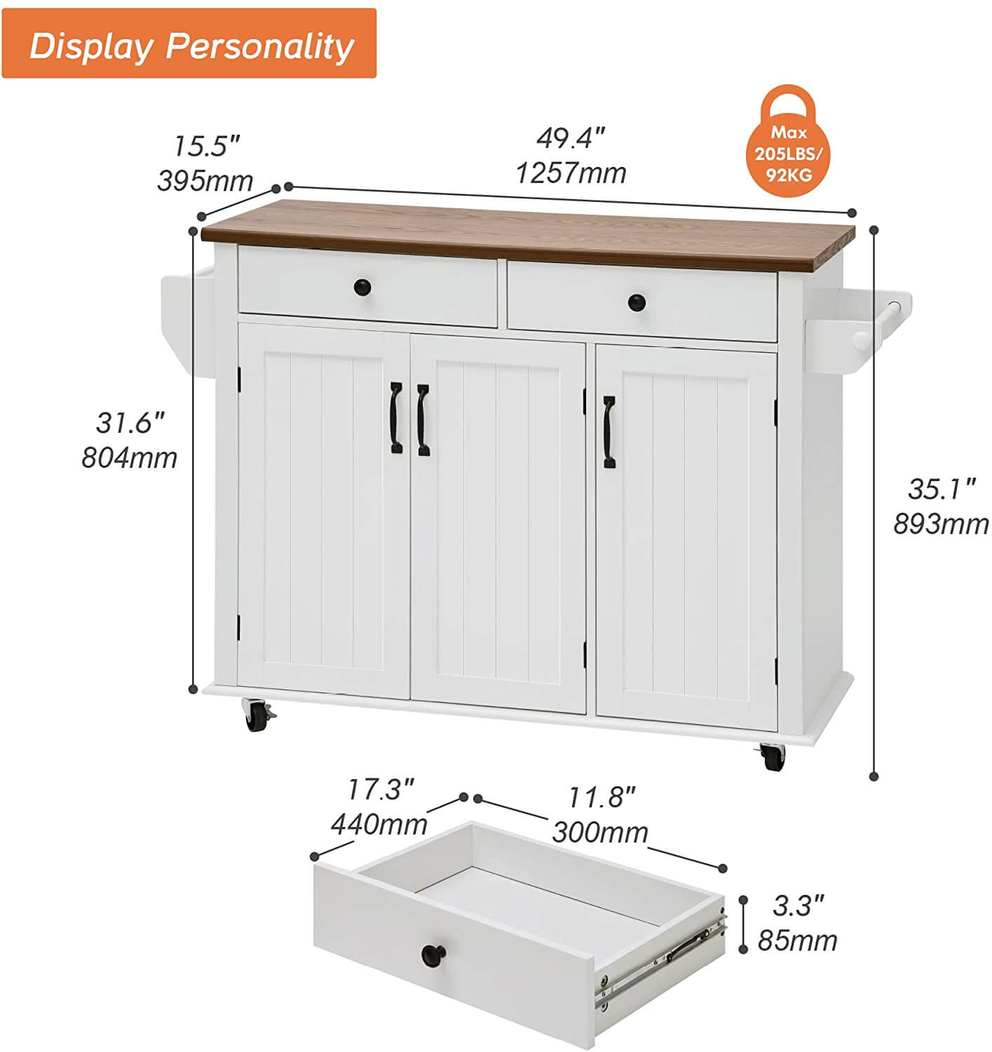 WAMPAT 49" Kitchen Island with Drawer & Storage Cabinet, White