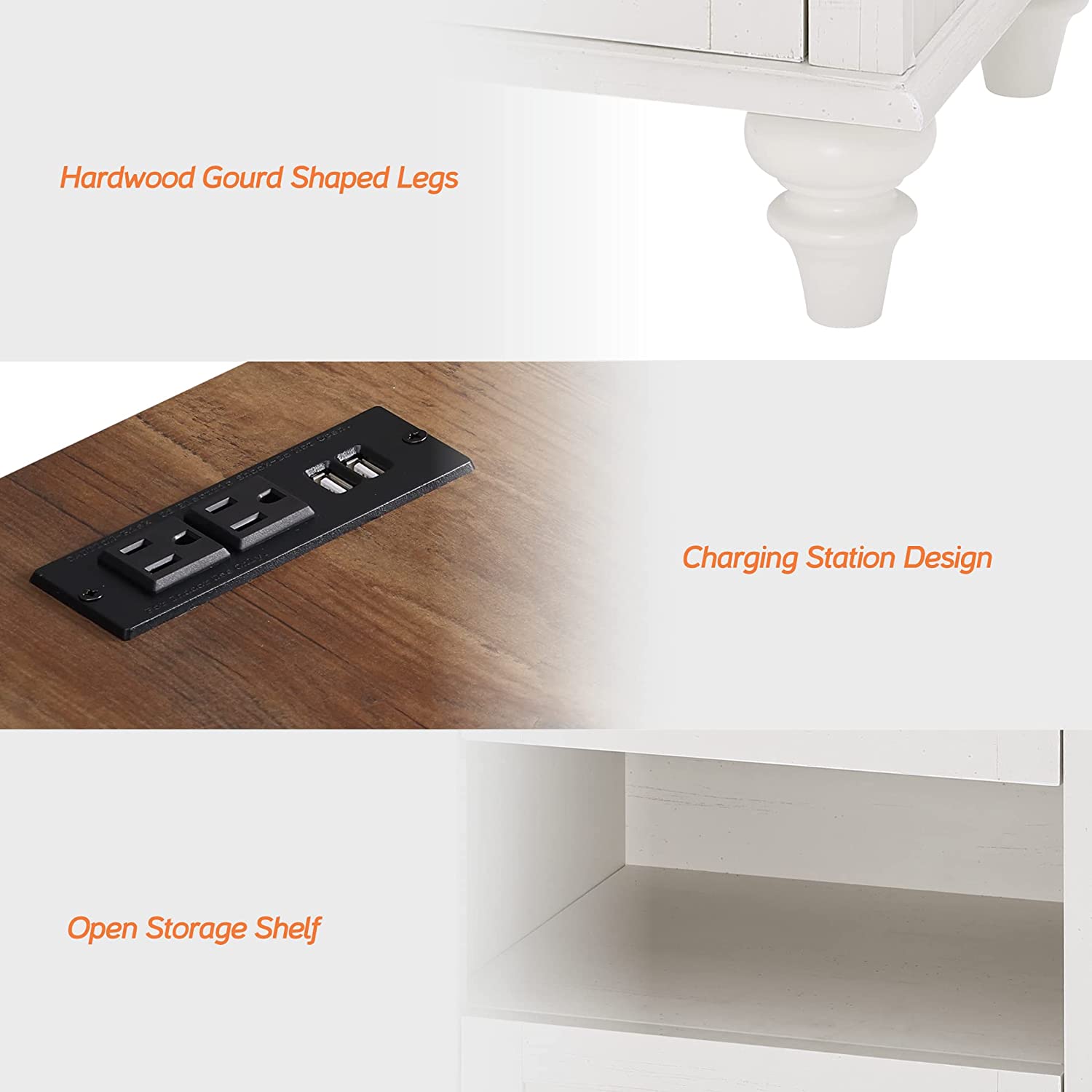 WAMPAT 24" Tall White End Table with Charging Station & 2 USB Ports, Farmhouse Night Stand for Living Room Bedroom