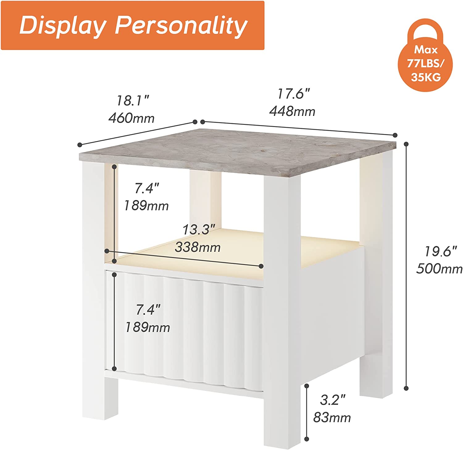 WAMPAT 17.6" White End Tables Wood Modern Night Stand Bedside Tables with LED Light & Storage Cabinet, Small Side Table for Living Room