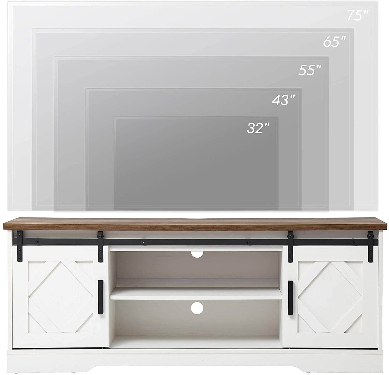 WAMPAT 60" Farmhouse Solid Wood TV Stand for 32-65 Inch TV, Sliding Barn Door Entertainment Center with Yellow LED, White