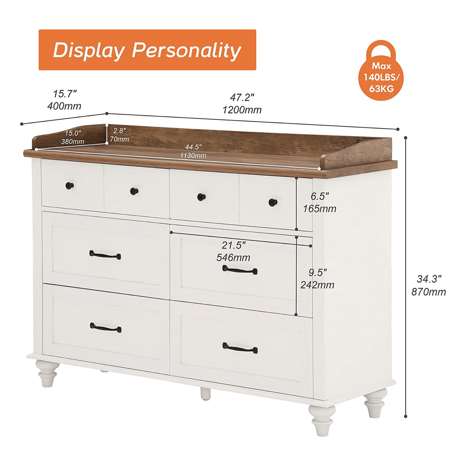 WAMPAT 47" Baby Dresser for Nursery with 6 Drawers, Changing Table for Baby, White