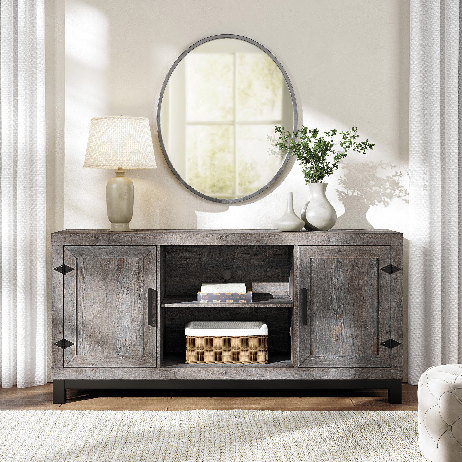 WAMPAT 58" Modern Farmhouse Barn Door TV Stand with LED Light for 32-65 Inch TV, Grey