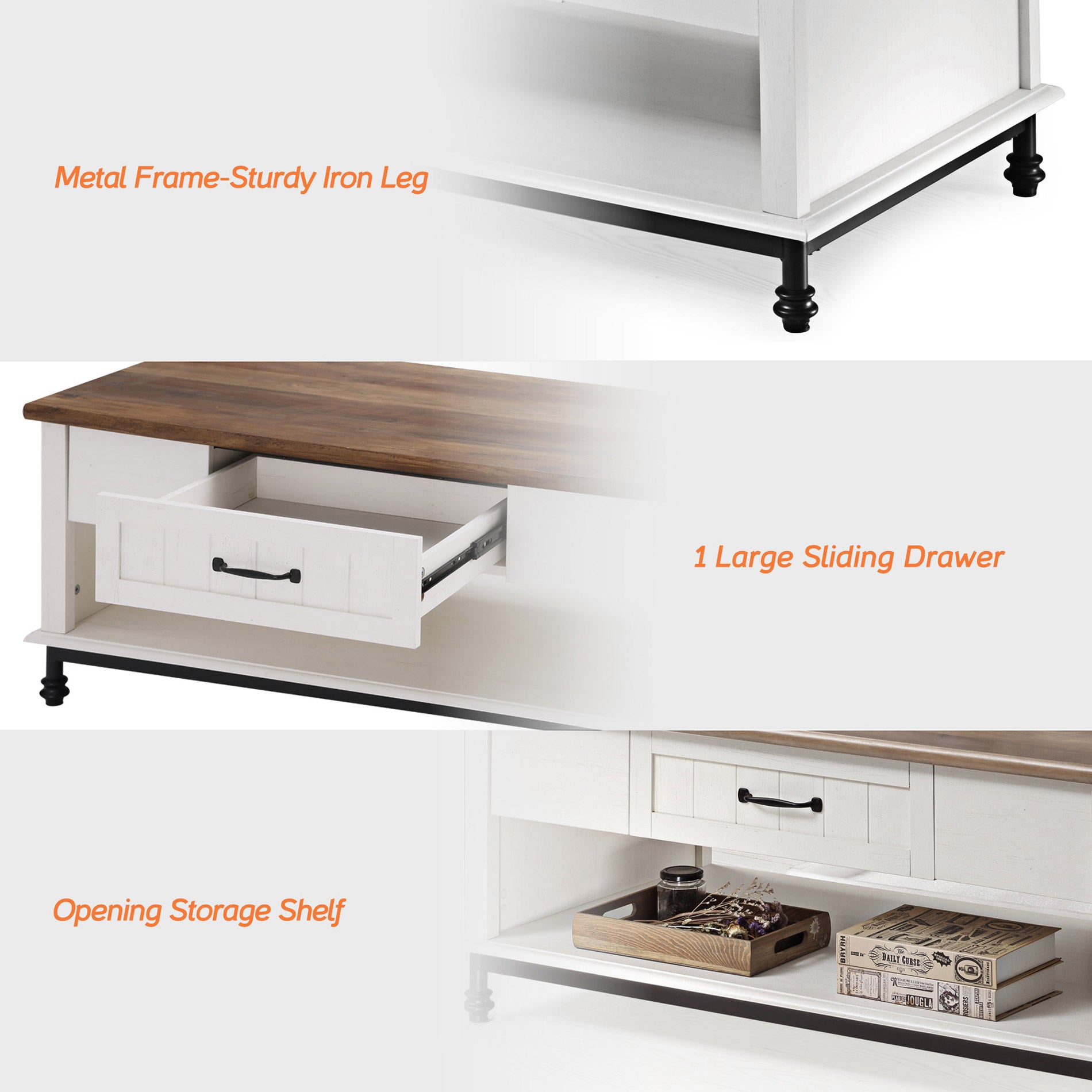 WAMPAT 42" Farmhouse Coffee Table with 1 Drawer & Open Storage Shelf for Living Room, White