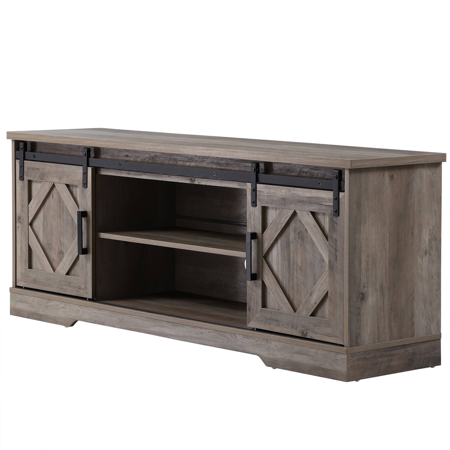 WAMPAT 60" Solid Wood TV Stand for 32-65 Inch TV, Farmhouse Sliding Barn Door Entertainment Center, Grey