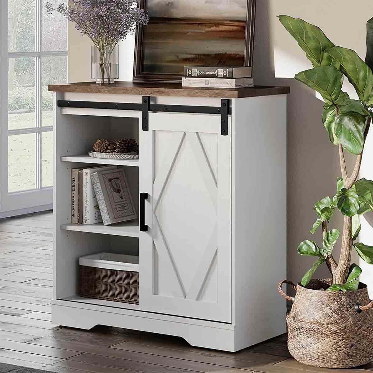 WAMPAT 35" Rustic Farmhouse Accent Buffet Sideboard Coffee Bar Cabinet with Sliding Barn Door & Yellow LED, White