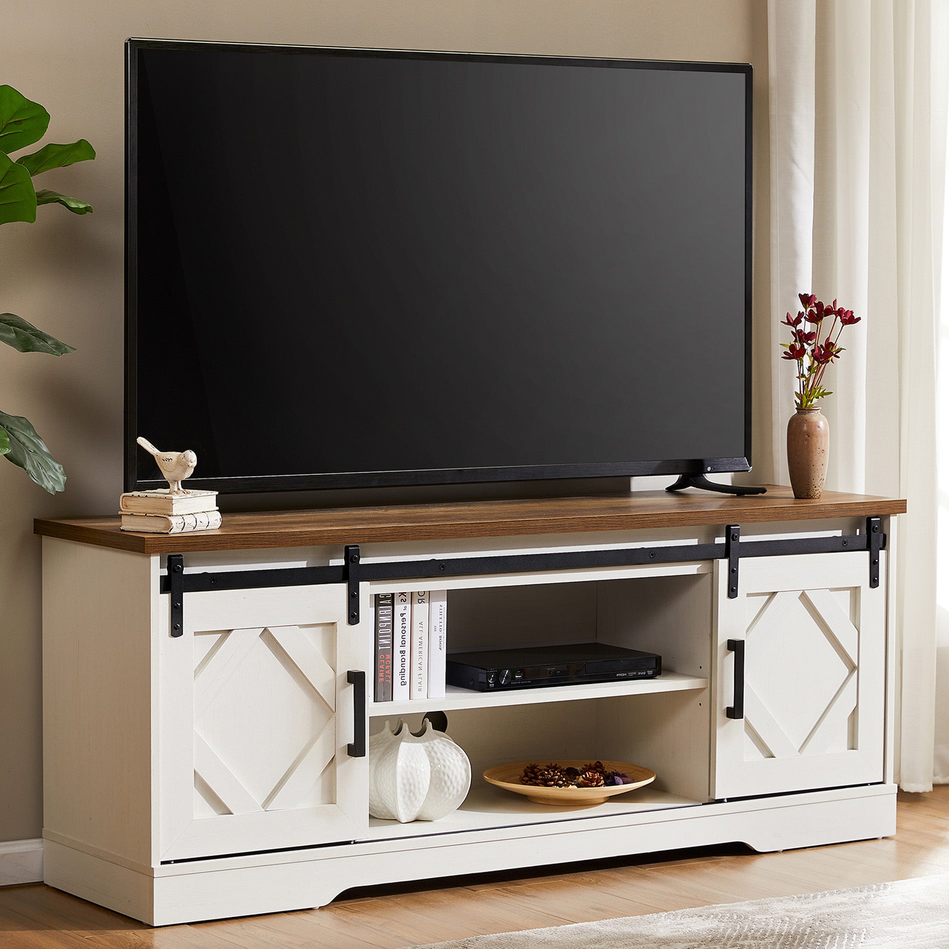 WAMPAT 60" Farmhouse Solid Wood TV Stand for 32-65 Inch TV, Sliding Barn Door Entertainment Center, White