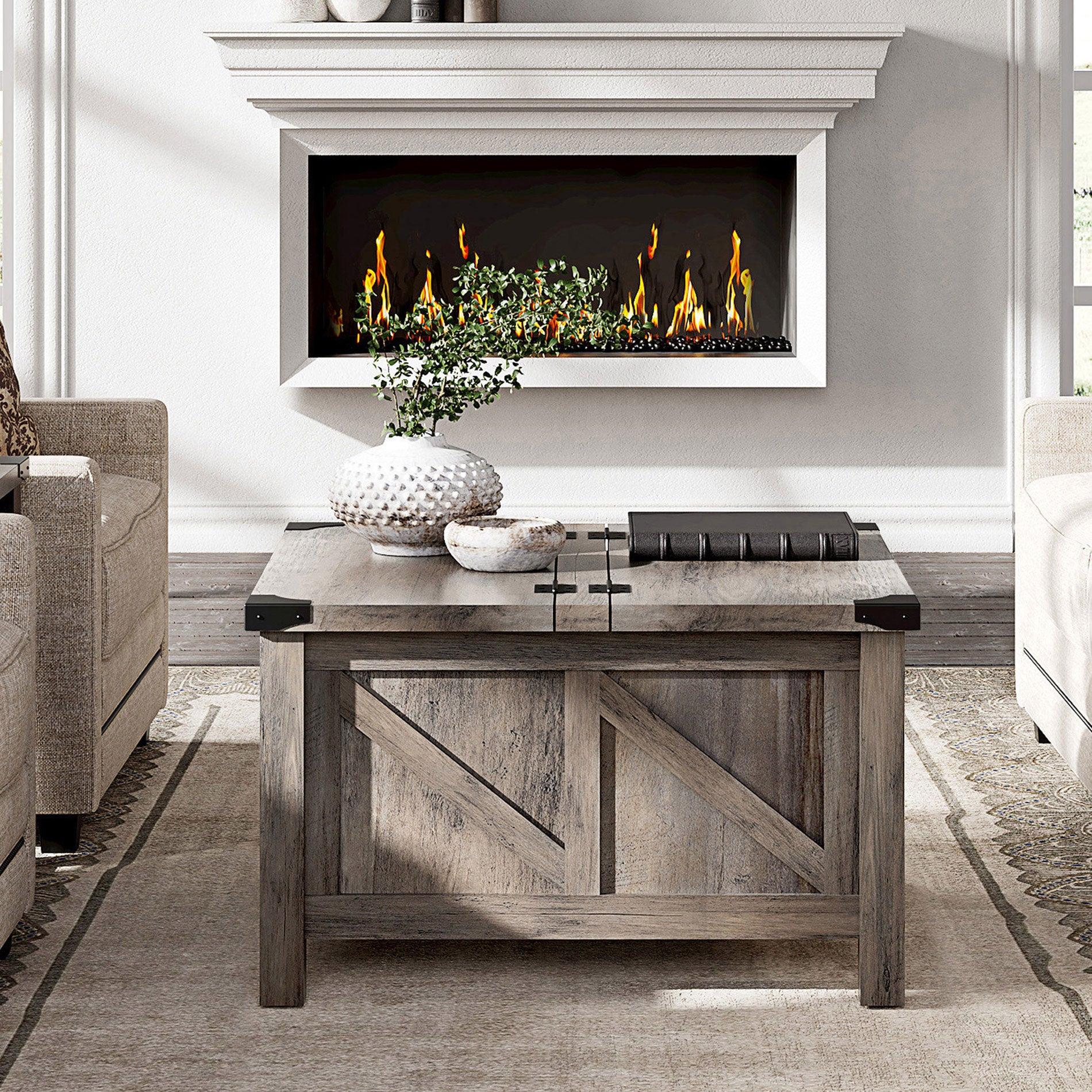 WAMPAT 30"x 30" Square Coffee Table, Rustic Grey Farmhouse Center Table with Lift Top & Storage for Living Room