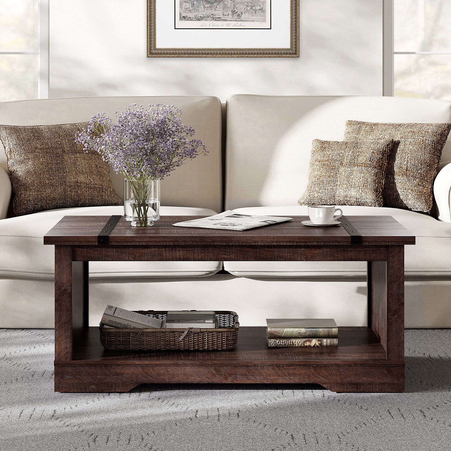 WAMPAT 42" Modern Farmhouse Coffee Table with Open Storage for Living Room, Rustic Brown