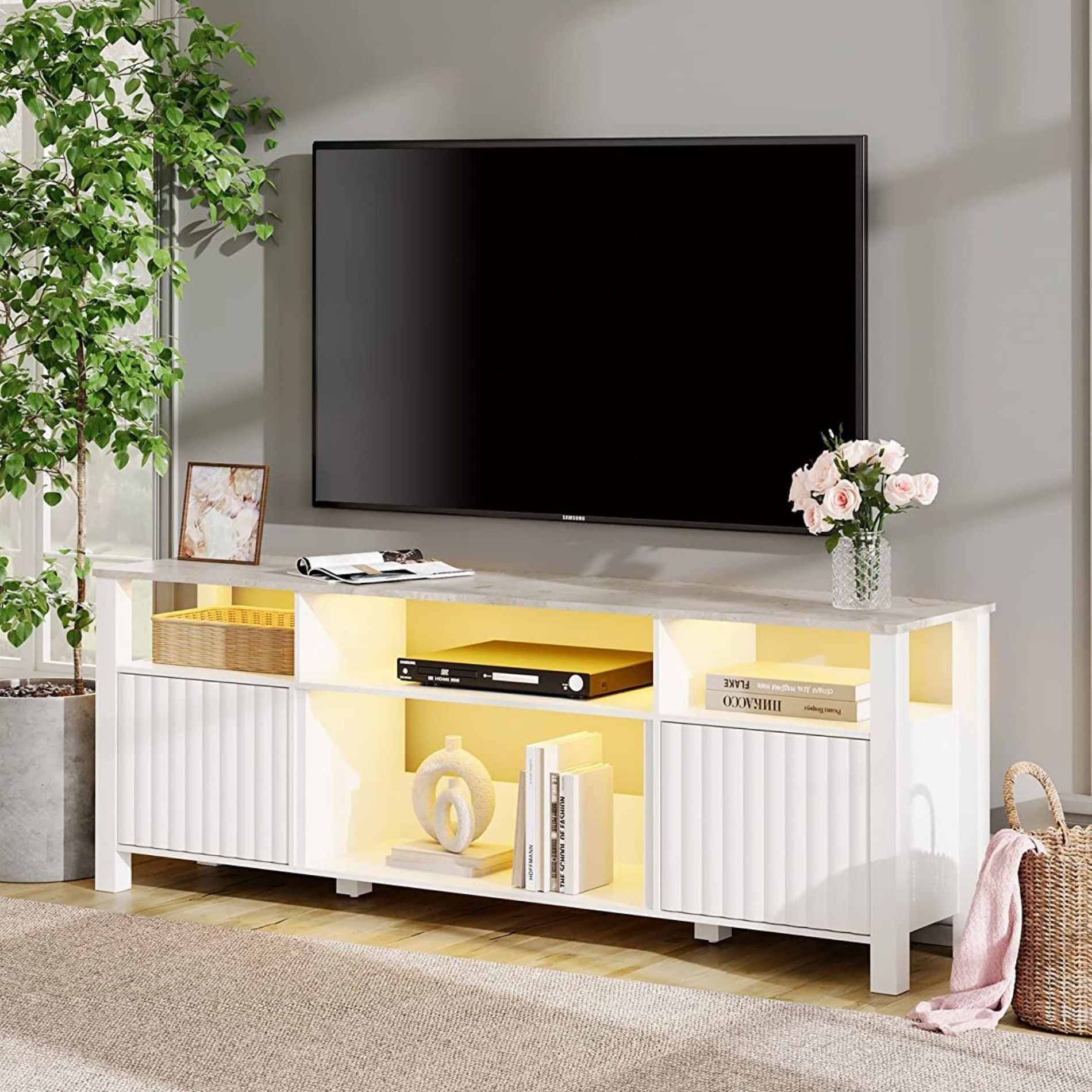 WAMPAT 70" LED TV Stand for TVs up to 75 Inch, Entertainment Center with 6 Cubby for Living Room Bedroom, White