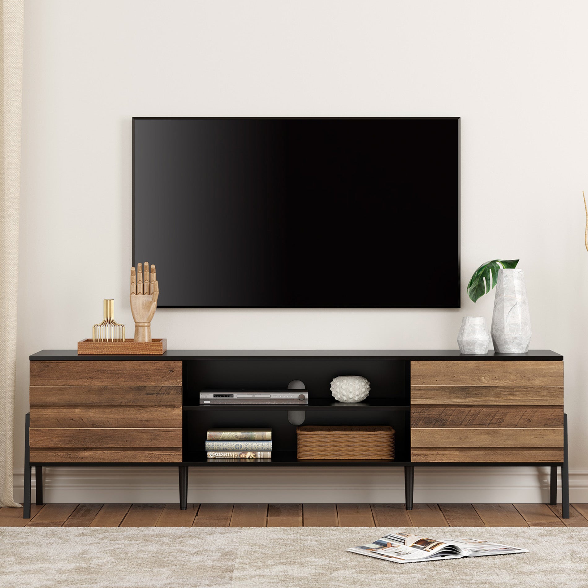 WAMPAT 70" Mid-Century Modern TV Stand for 32-65 Inch TV, Home Entertainment Center TV Cabinet Unit, Black & Oak