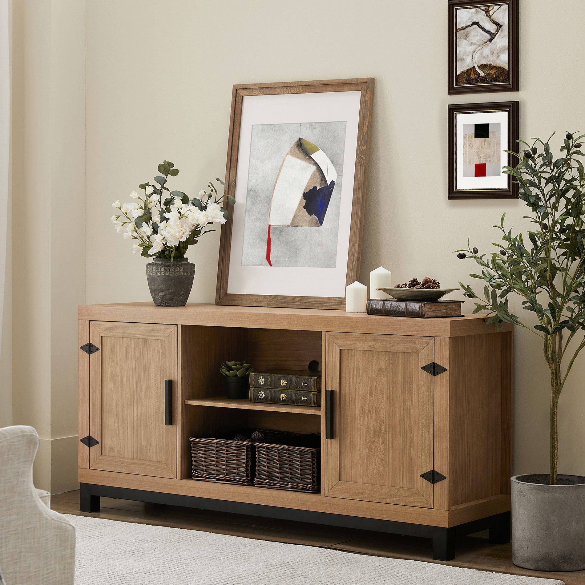 WAMPAT 58" Modern Farmhouse Barn Door TV Stand for 32-65 Inch TV, Mongo