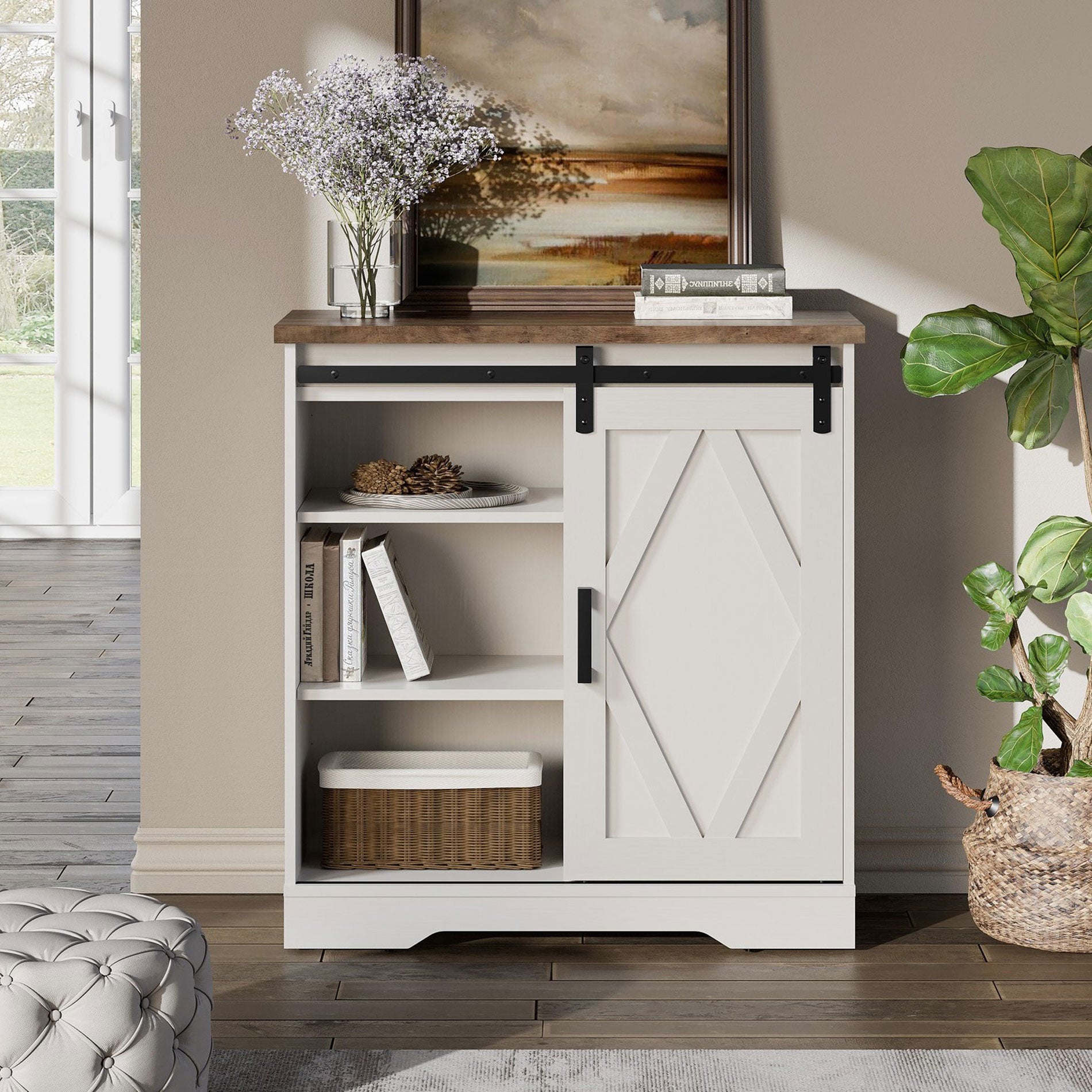 WAMPAT Farmhouse Sliding Barn Door TV Stand for 32-65 Inch TV & Accent Cabinet for Living Room, White