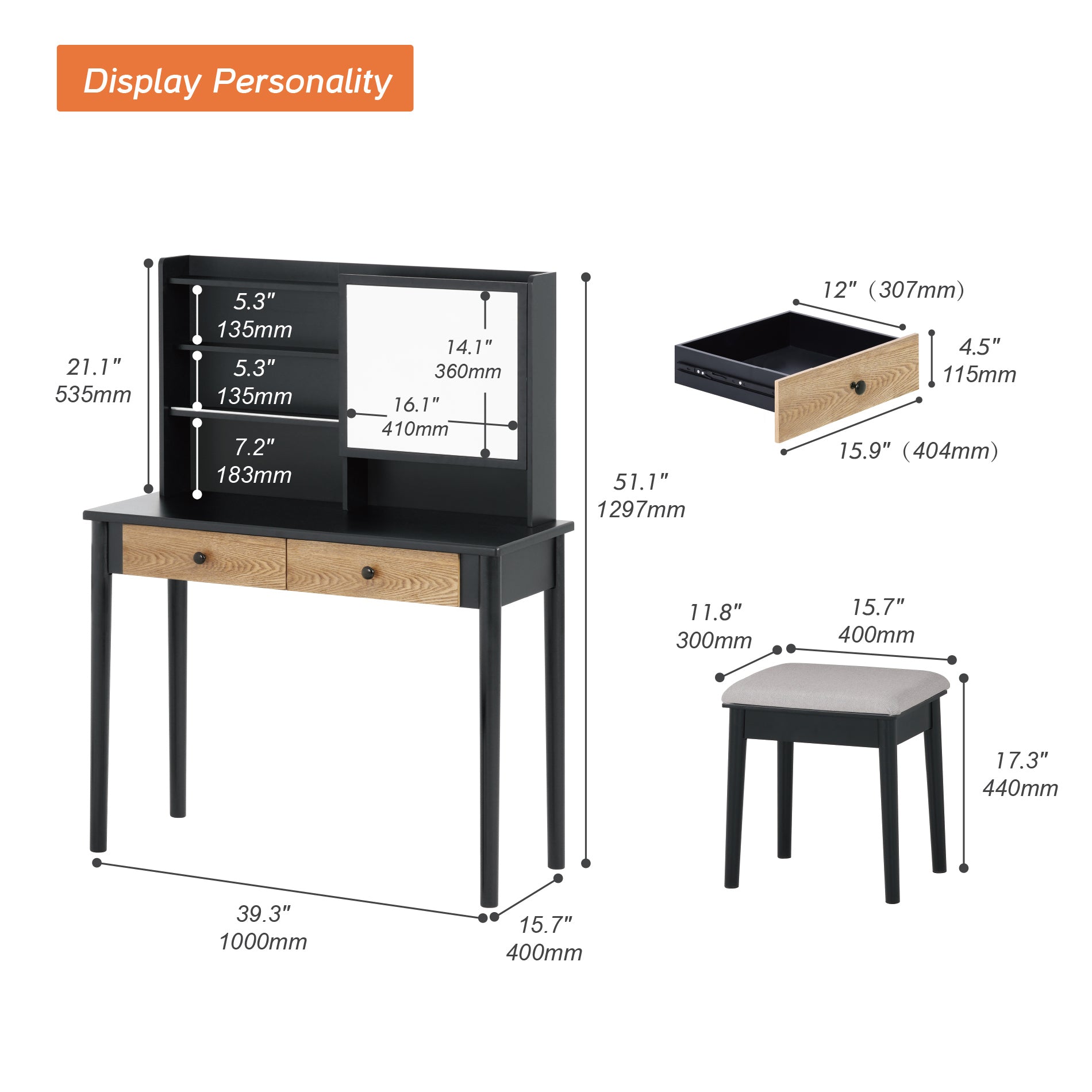 WAMPAT 40" Makeup Vanity Set with Sliding Mirror & Padded Stool for Women Teenage Girls, Black