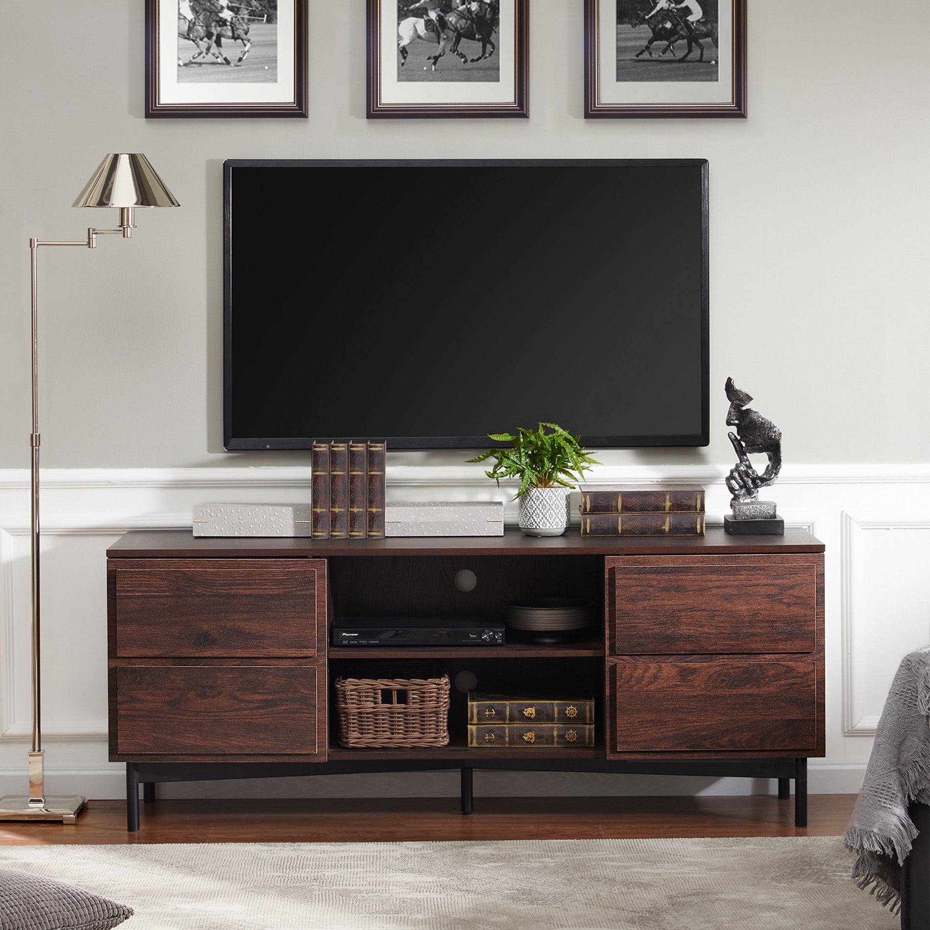 WAMPAT 58" Modern TV Stands 32-65 Inch TV, Wooden TV Storage Cabinet Console, Dark Brown