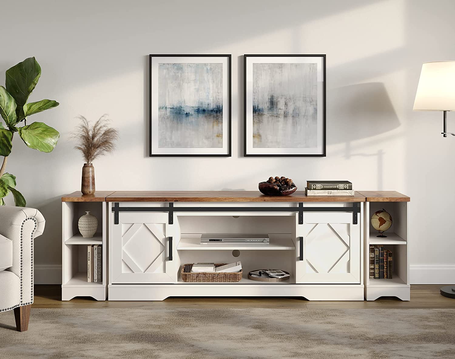 WAMPAT Modern Farmhouse TV Stand for up to 85" TVs Wood Entertainment Center with Open Storage for Living Room, Cream White
