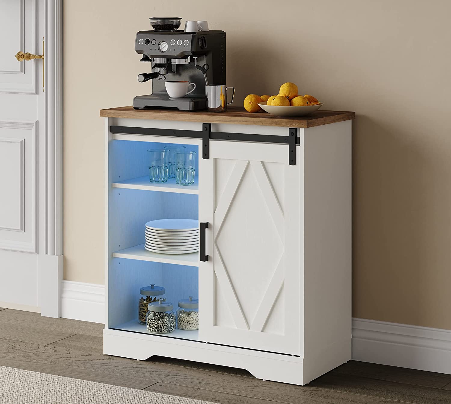 WAMPAT 35" Rustic Farmhouse Accent Buffet Sideboard Coffee Bar Cabinet with Sliding Barn Door & Blue LED, White