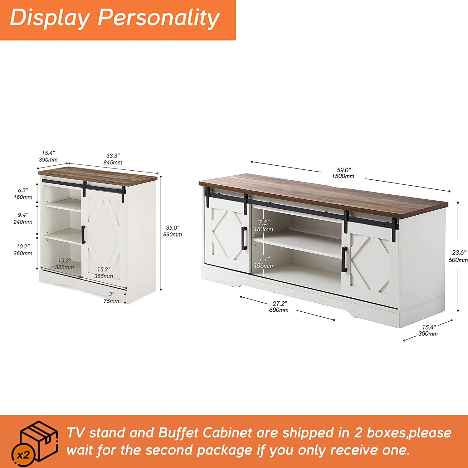 WAMPAT Farmhouse Sliding Barn Door TV Stand for 32-65 Inch TV & Accent Cabinet for Living Room, White