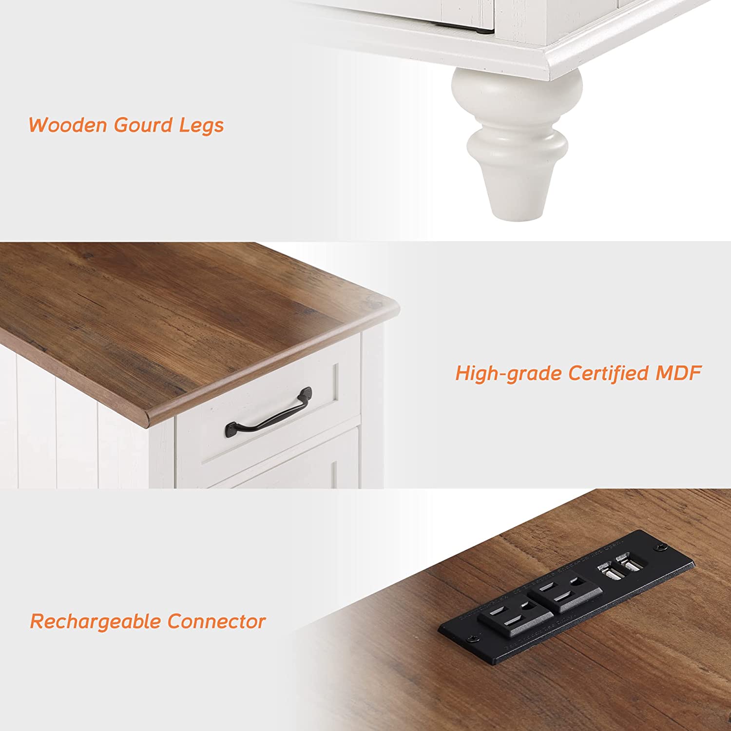 WAMPAT 24" White End Table with Charging Station, Farmhouse Side Table with Storage, 2 Power outlets & 2 USB Ports for Living Room