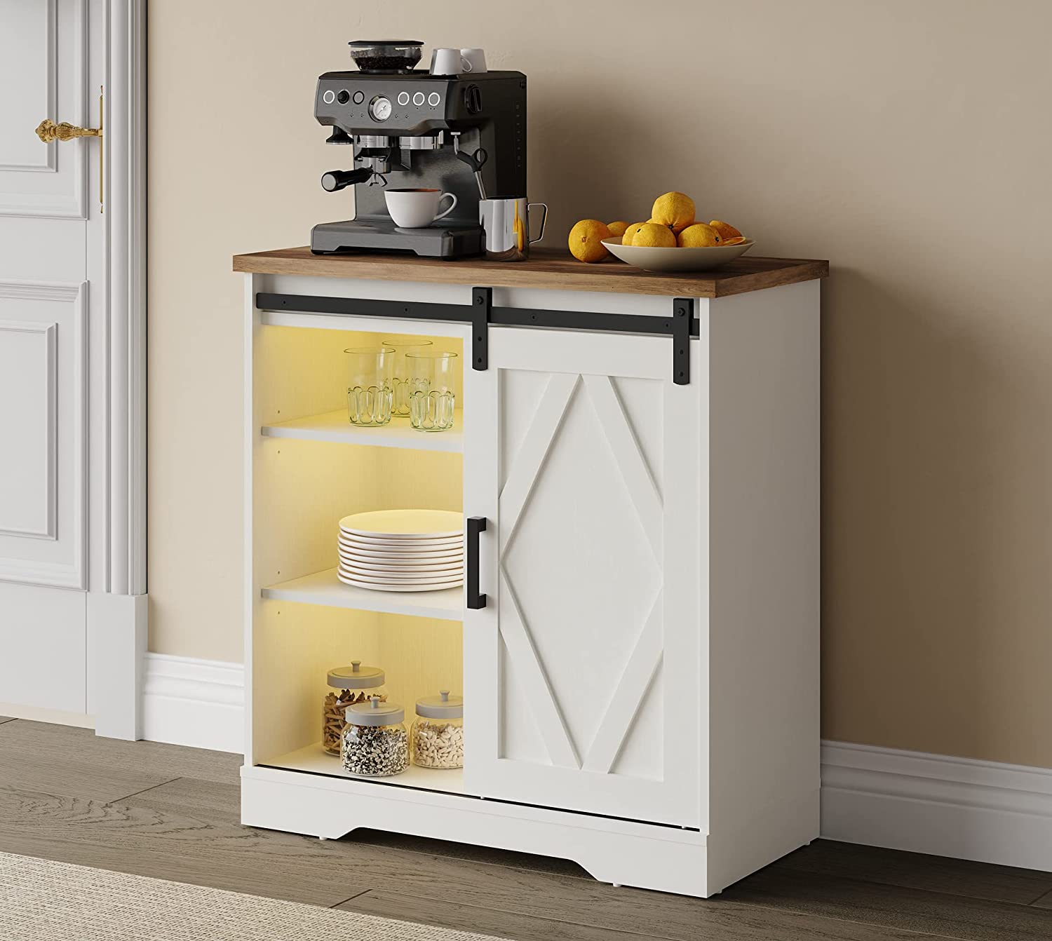 WAMPAT 35" Rustic Farmhouse Accent Buffet Sideboard Coffee Bar Cabinet with Sliding Barn Door & Yellow LED, White