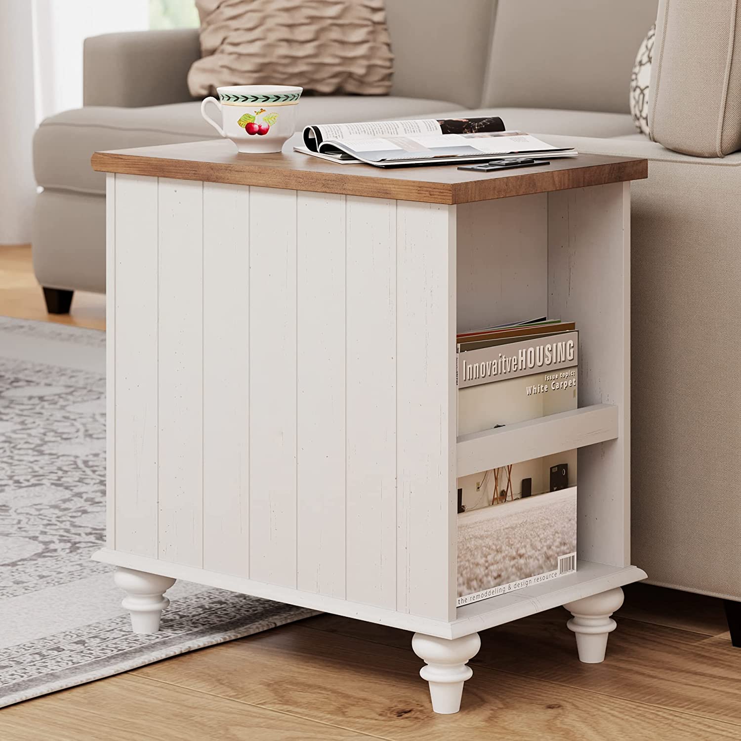 WAMPAT 24" White End Table with Charging Station, Farmhouse Side Table with Storage, 2 Power outlets & 2 USB Ports for Living Room