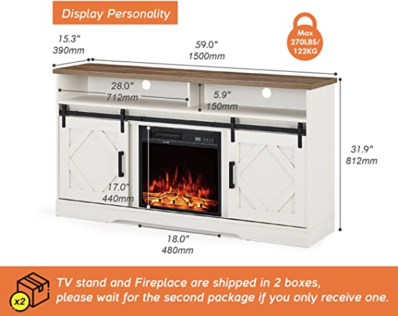 WAMPAT 59" Electric Fireplace TV Stand for TVs Up to 65 Inch, White