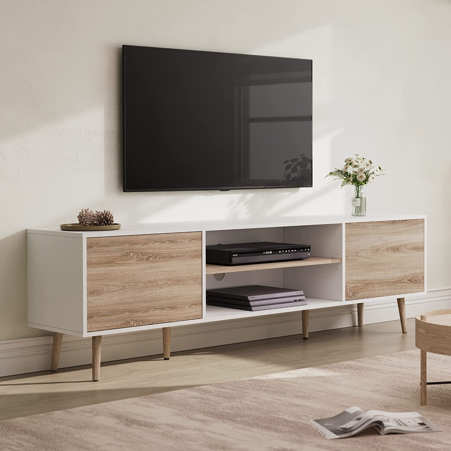 WAMPAT 70" Mid-Century Modern TV Stand for 32-75" TV, White & Oak