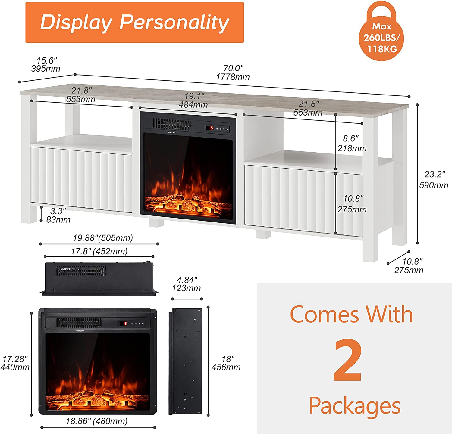 WAMPAT 70" Electric Fireplace TV Stand for 75 Inch TV, LED Farmhouse Wood TV Console Table for 80 70 65 Inch TV for Living Room, White