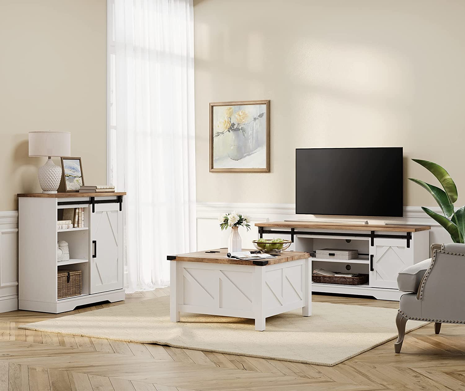 WAMPAT Farmhouse TV Stand Set of 3 for Living Room, 1 Accent Storage Cabinet with Sliding Barn Door, 1 Sliding Barn Door TV Stand, 1 Square Lift Top Coffee Table, White