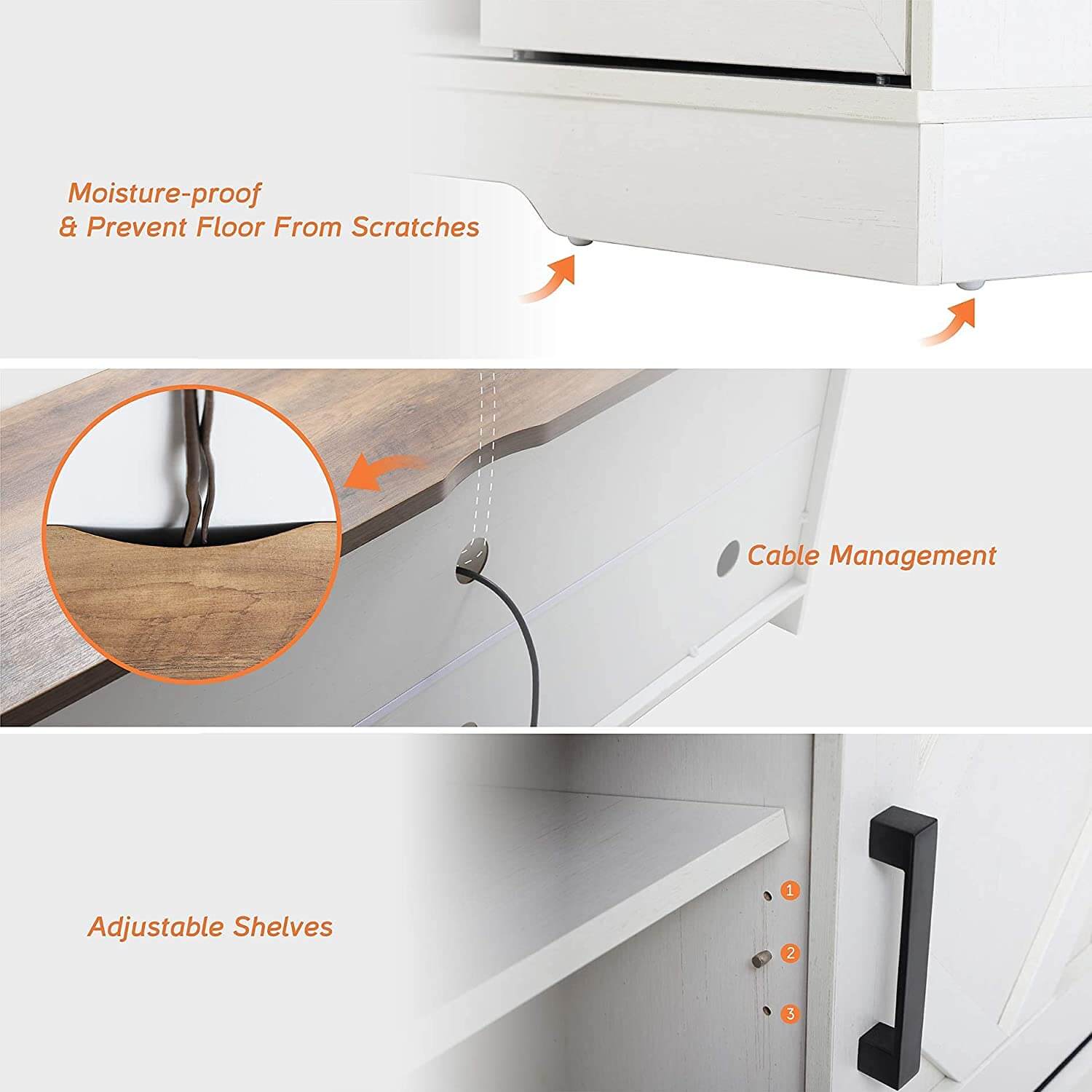WAMPAT 60" Farmhouse Solid Wood TV Stand for 32-65 Inch TV, Sliding Barn Door Entertainment Center with Yellow LED, White