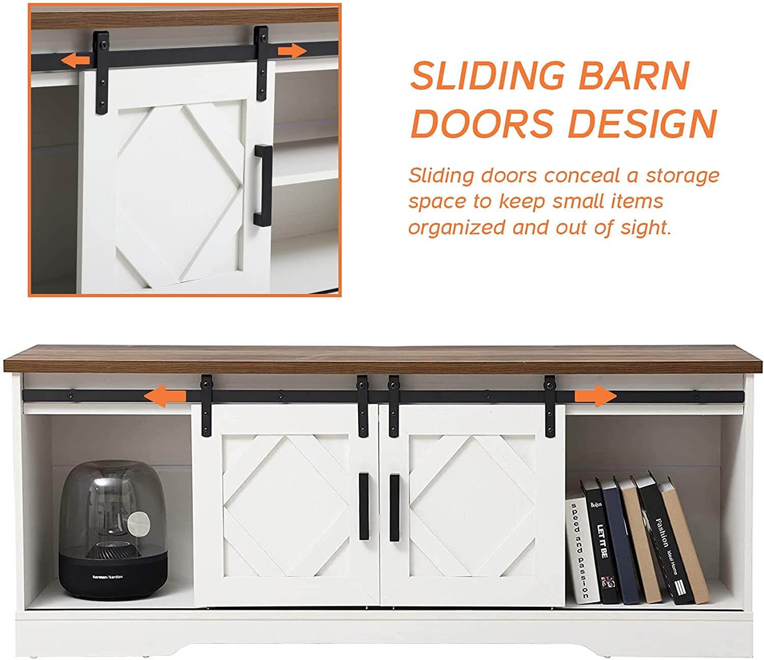 WAMPAT 60" Farmhouse Solid Wood TV Stand for 32-65 Inch TV, Sliding Barn Door Entertainment Center with Yellow LED, White