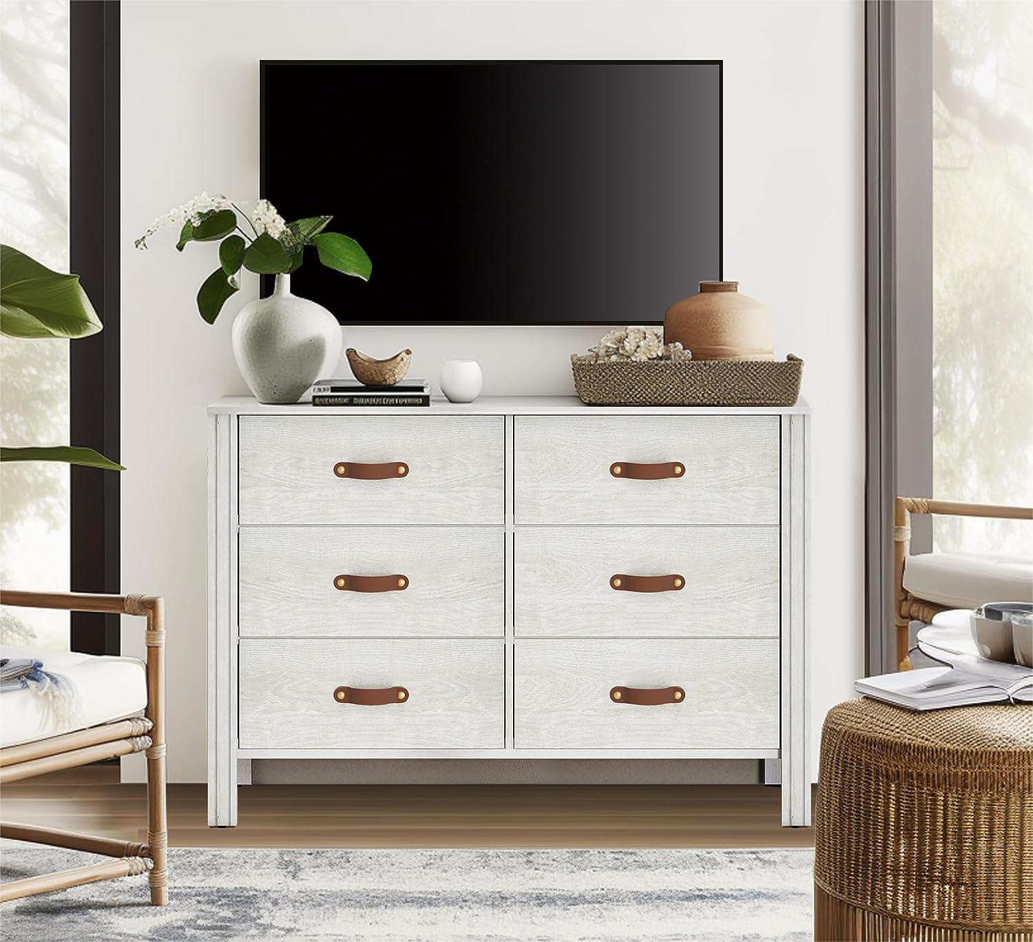 WAMPAT Dresser TV Stand, Wood Entertainment Center with 6 Fabric Drawers, Chest of Drawers for Living Room, Bedroom, Hallway