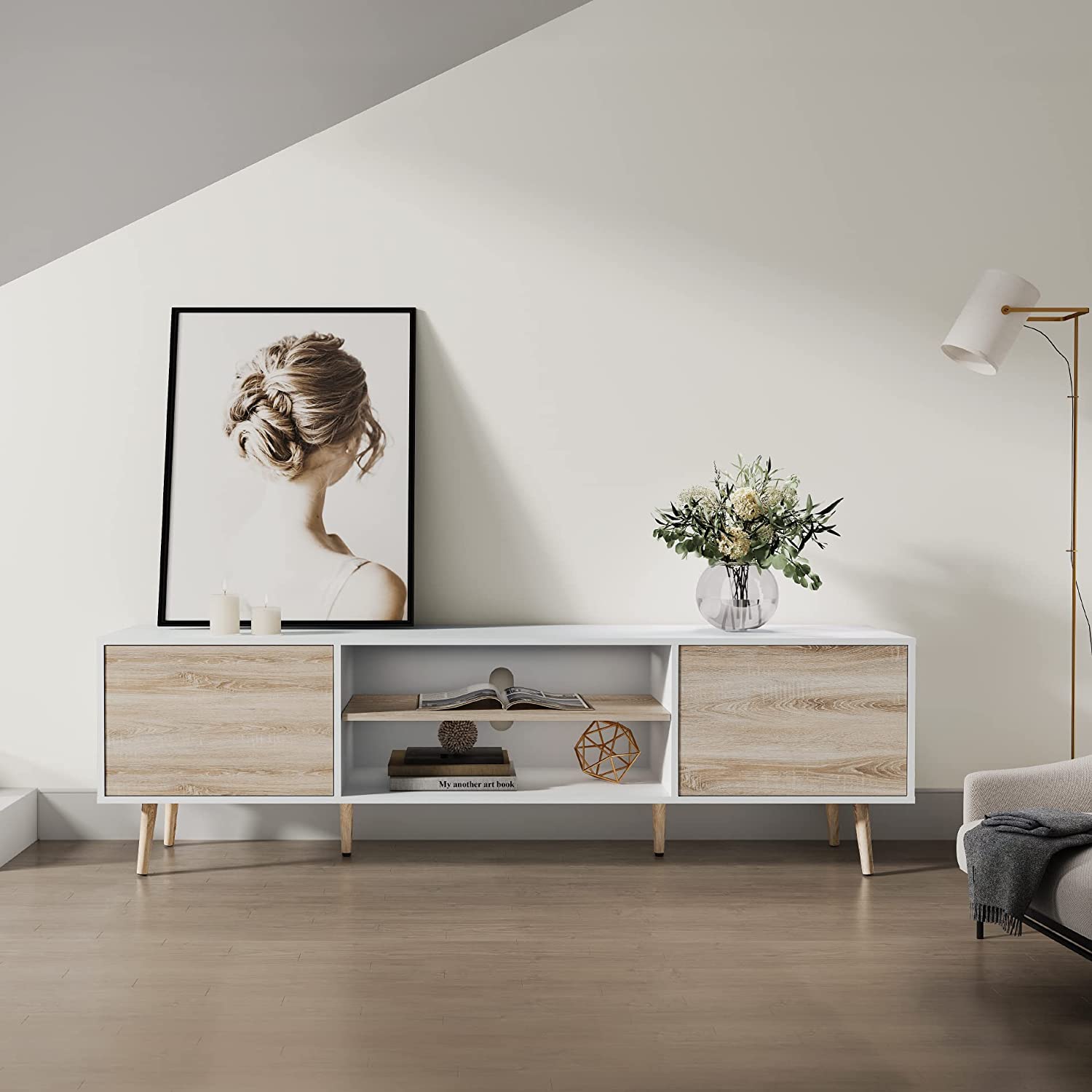 WAMPAT 70" Mid-Century Modern TV Stand for 32-75" TV, White & Oak