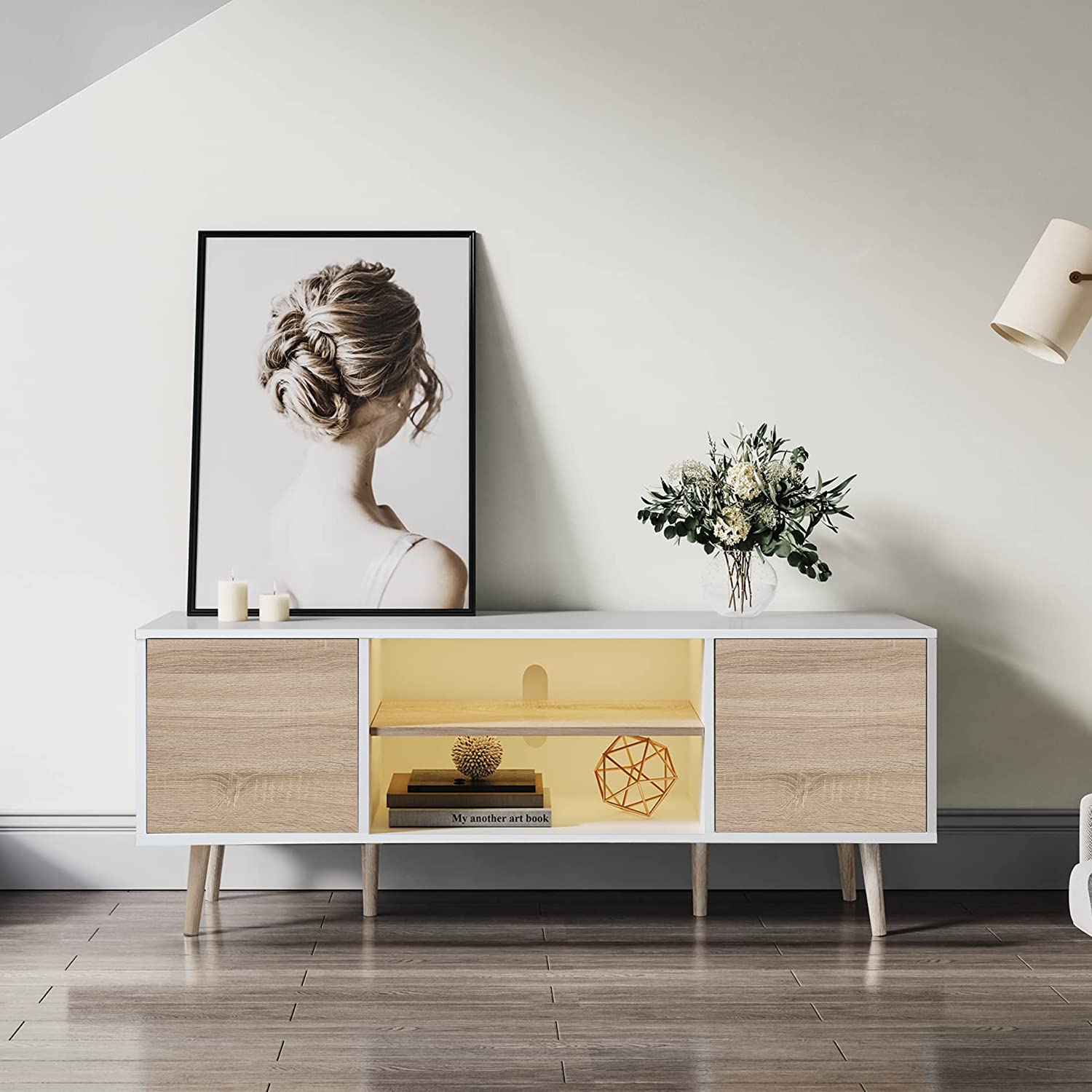 WAMPAT 53" Mid Century Modern Wood TV Stand for 32-60 Inch TV, Home Entertainment Center TV Cabinet Unit with Yellow LED, White & Oak