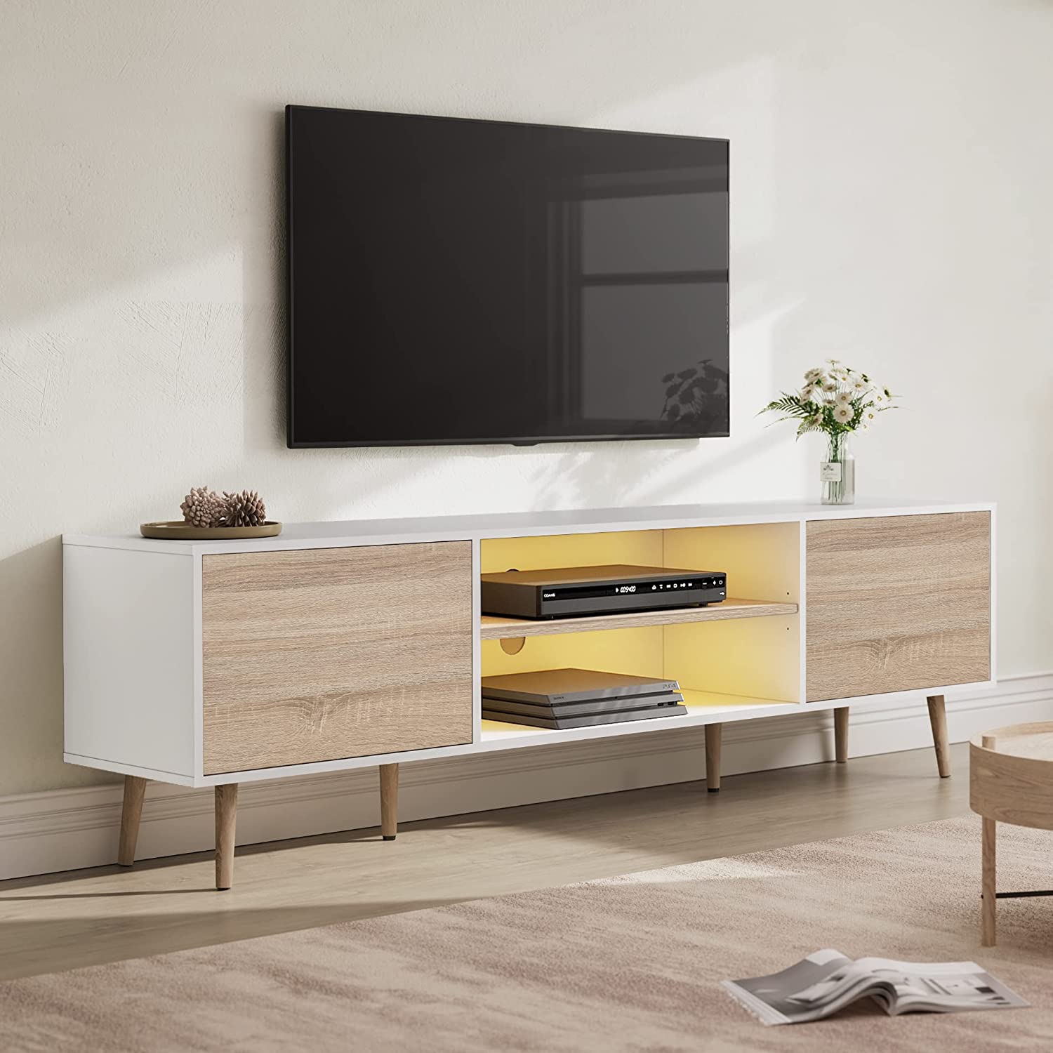 WAMPAT Mid Century Modern Wood TV Stand for 32-75 Inch TV, Home Entertainment Center TV Cabinet Unit, White & Oak