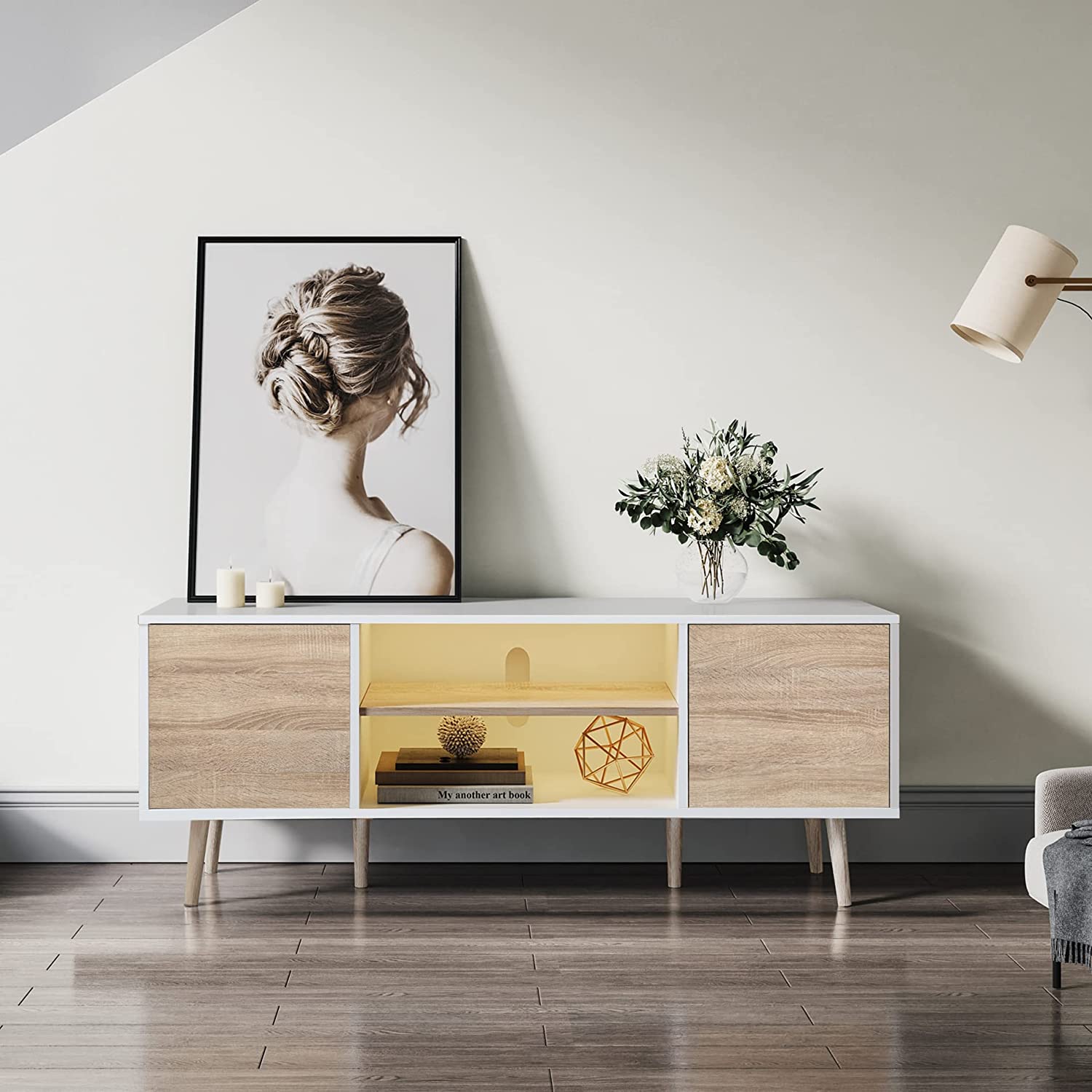 WAMPAT Mid Century Modern Wood TV Stand for 32-75 Inch TV, Home Entertainment Center TV Cabinet Unit, White & Oak