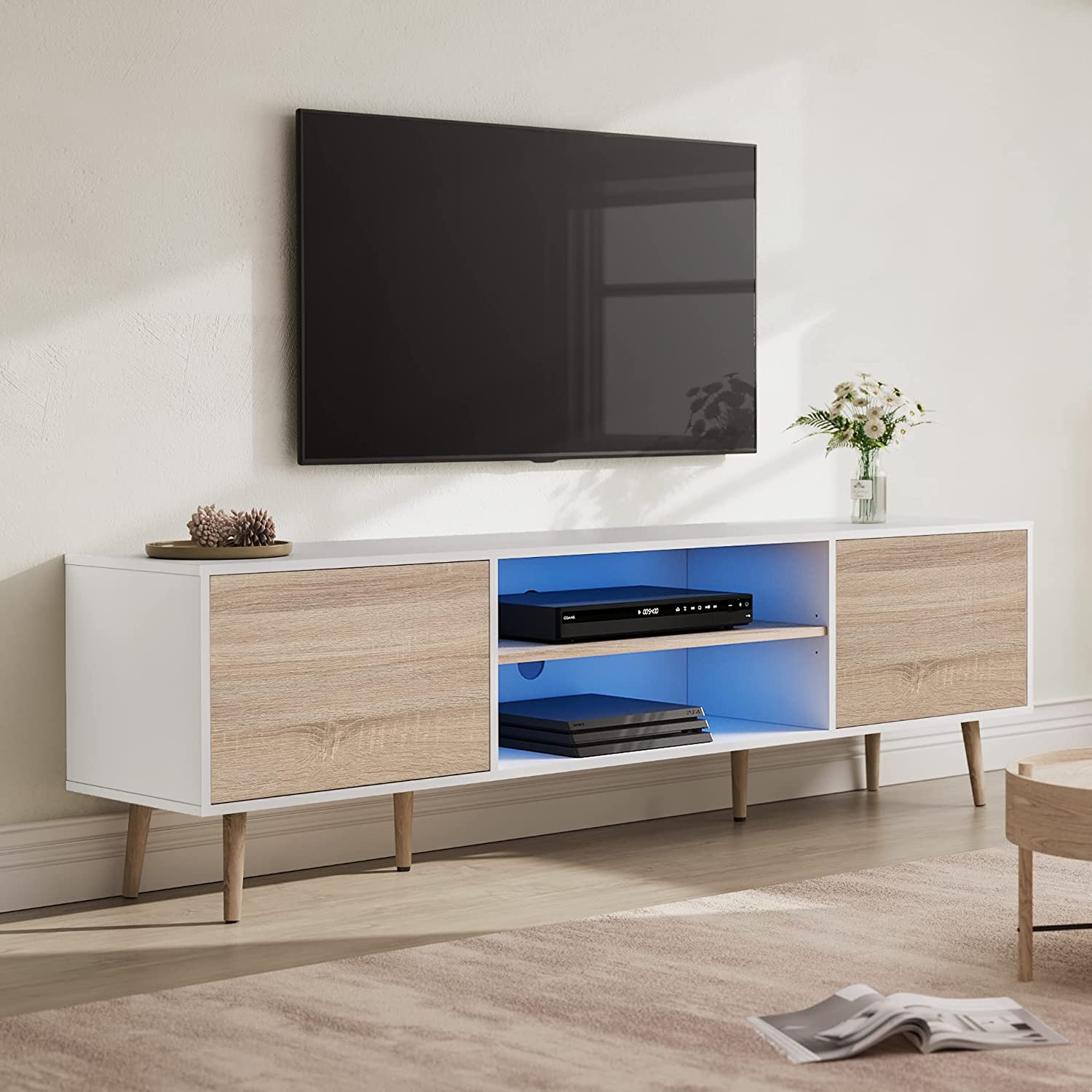 WAMPAT Mid Century Modern Wood TV Stand for 32-75 Inch TV, Home Entertainment Center TV Cabinet Unit, White & Oak