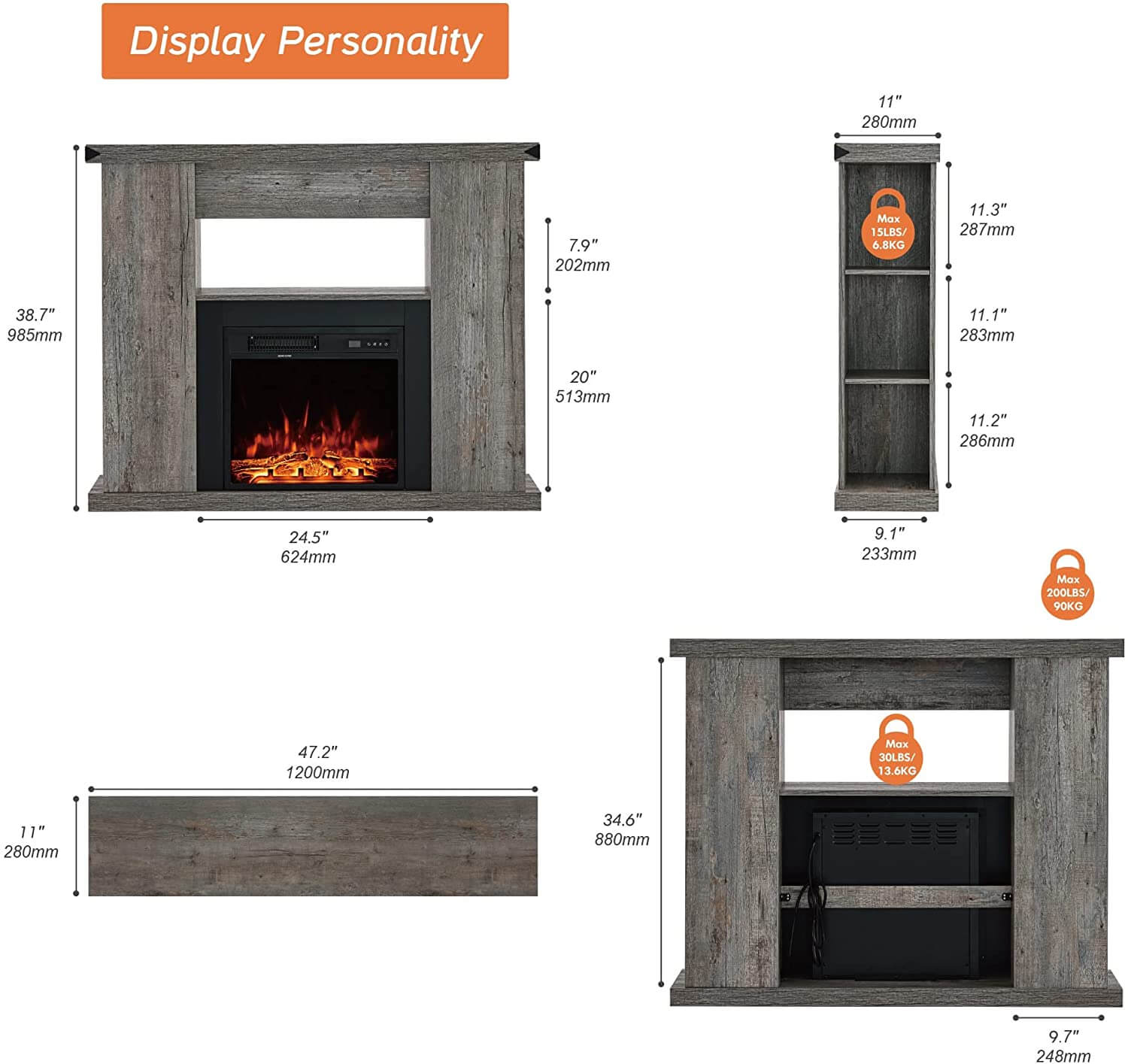 WAMPAT 47" Electric Fireplace with Mantel, Fire Place TV Stand Heater Entertainment Center, Grey