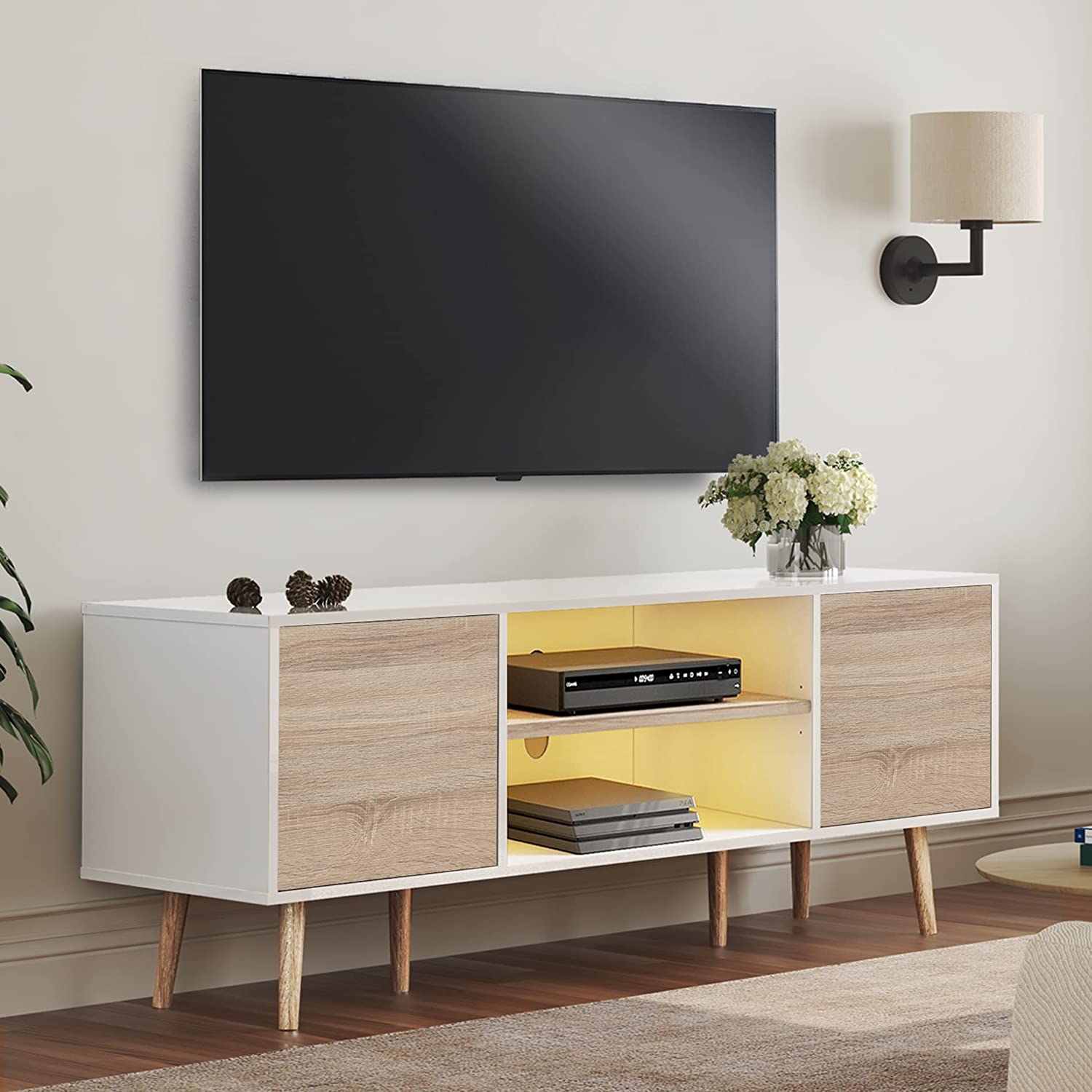 WAMPAT Mid Century Modern Wood TV Stand for 32-75 Inch TV, Home Entertainment Center TV Cabinet Unit, White & Oak
