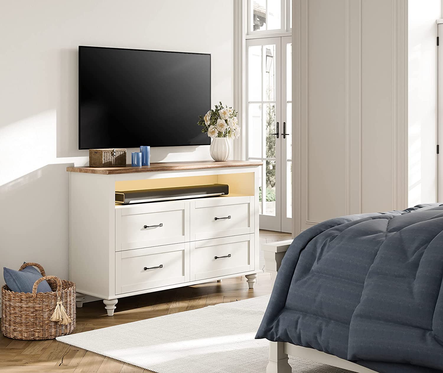 WAMPAT 48" Baby Changing Dresser for Kids Bedroom, Nursery Dresser Organizer with LED Light, Chest of Drawers for Bedroom with 4 Drawers, White