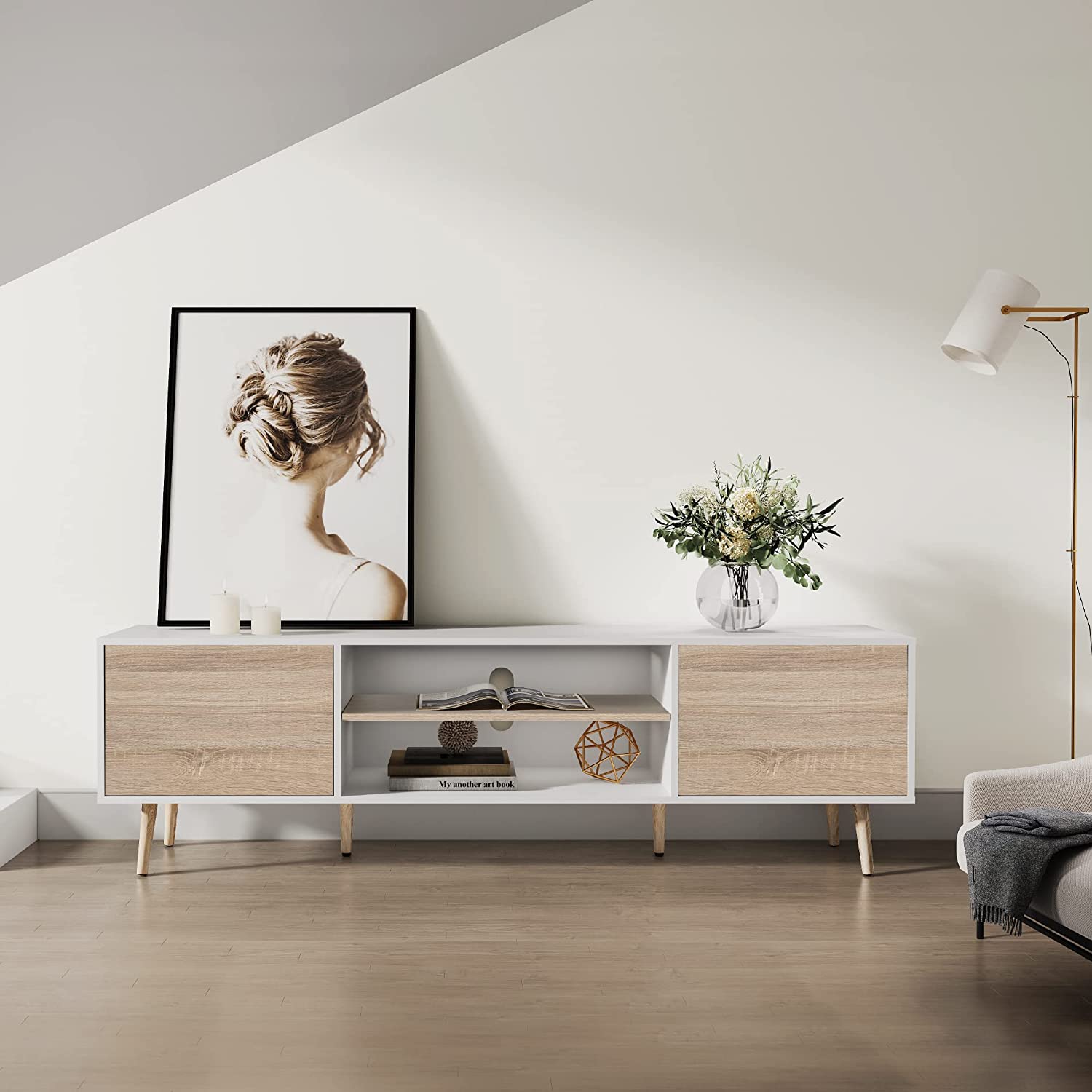 WAMPAT Mid Century Modern Wood TV Stand for 32-75 Inch TV, Home Entertainment Center TV Cabinet Unit, White & Oak
